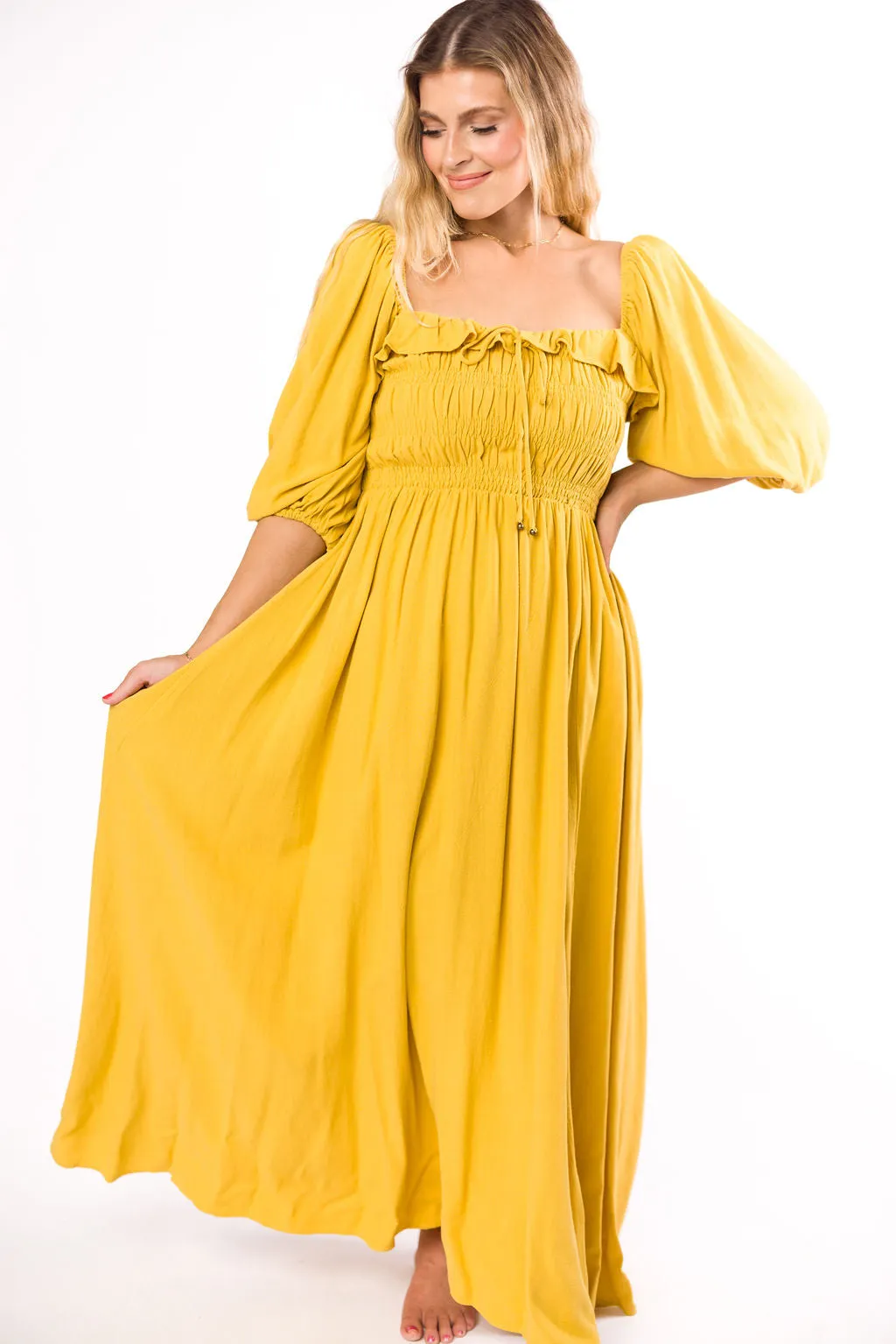 Devon Smocked Maxi Dress in Mustard - Bump Friendly