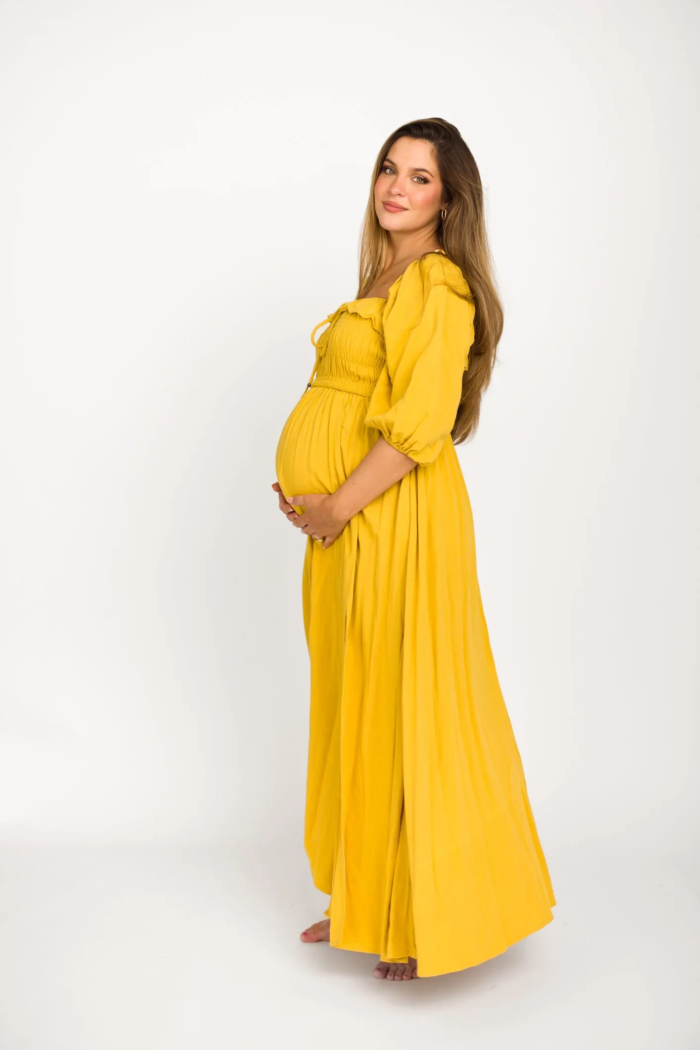 Devon Smocked Maxi Dress in Mustard - Bump Friendly