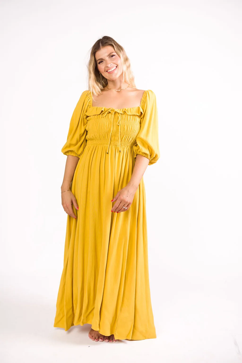 Devon Smocked Maxi Dress in Mustard - Bump Friendly