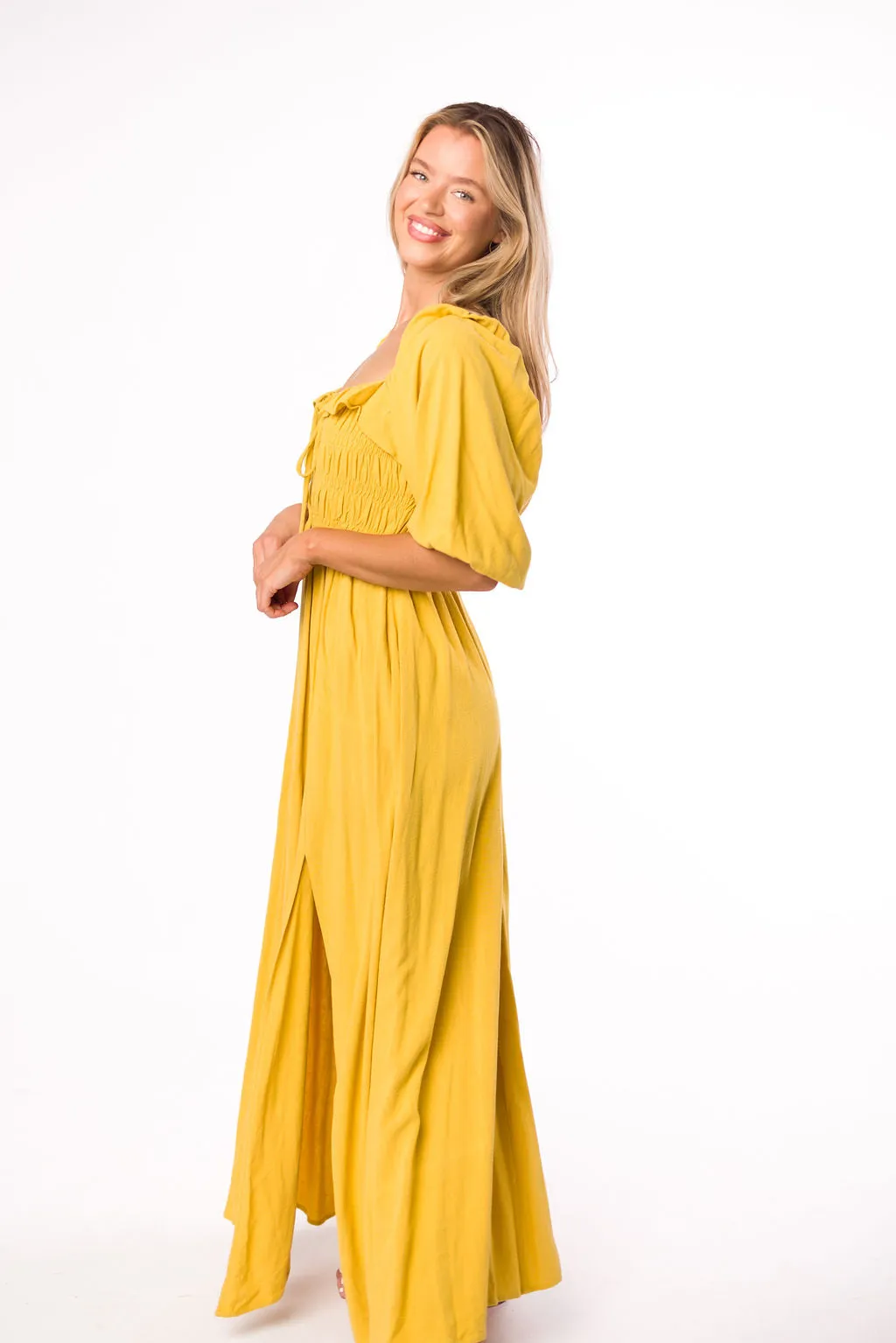 Devon Smocked Maxi Dress in Mustard - Bump Friendly