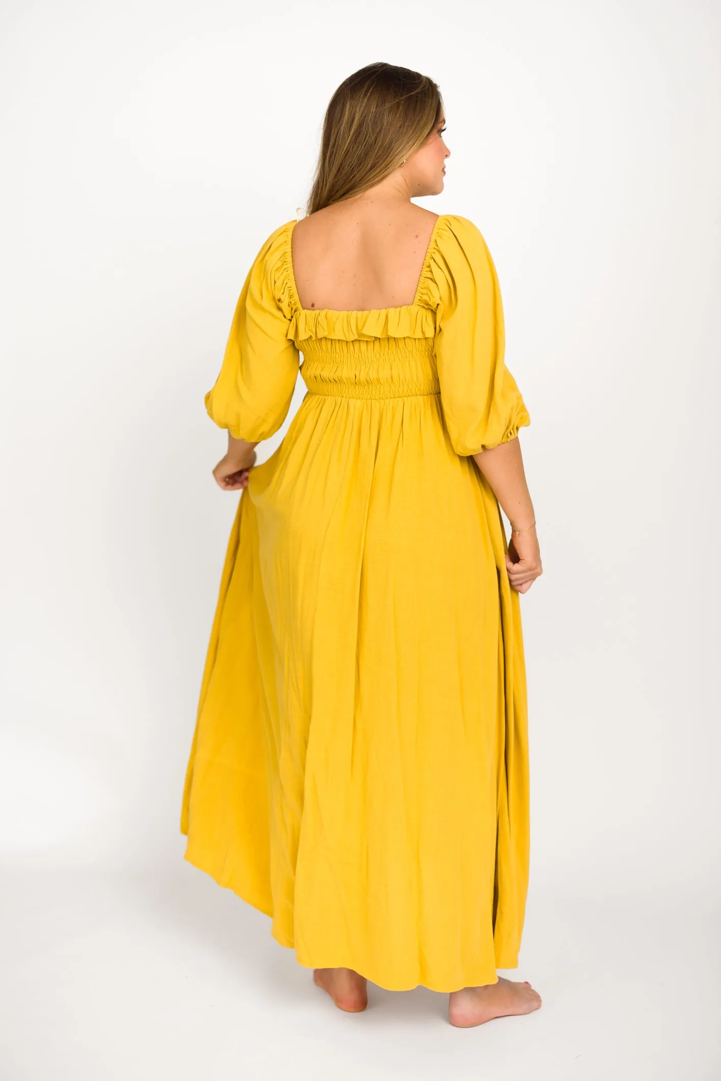 Devon Smocked Maxi Dress in Mustard - Bump Friendly