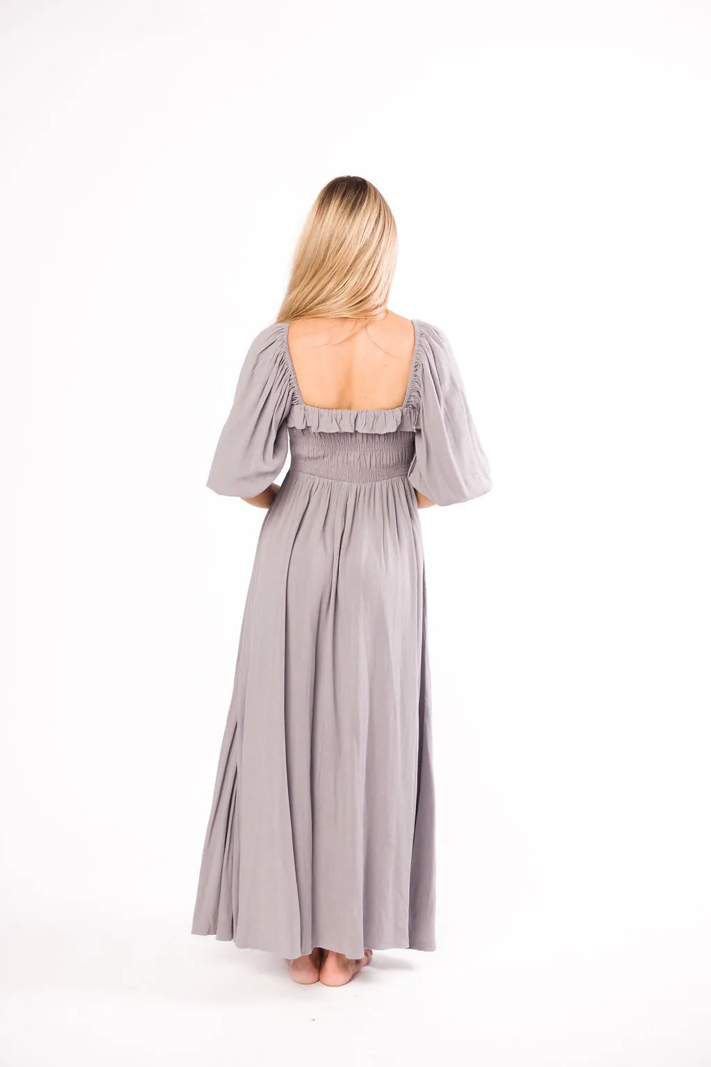 Devon Smocked Maxi Dress in Slate Grey - Bump Friendly