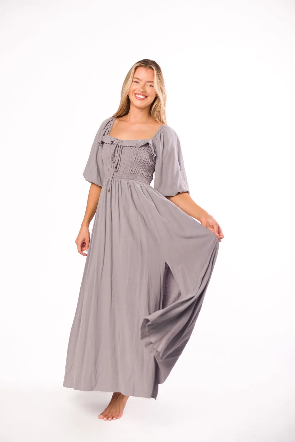 Devon Smocked Maxi Dress in Slate Grey - Bump Friendly