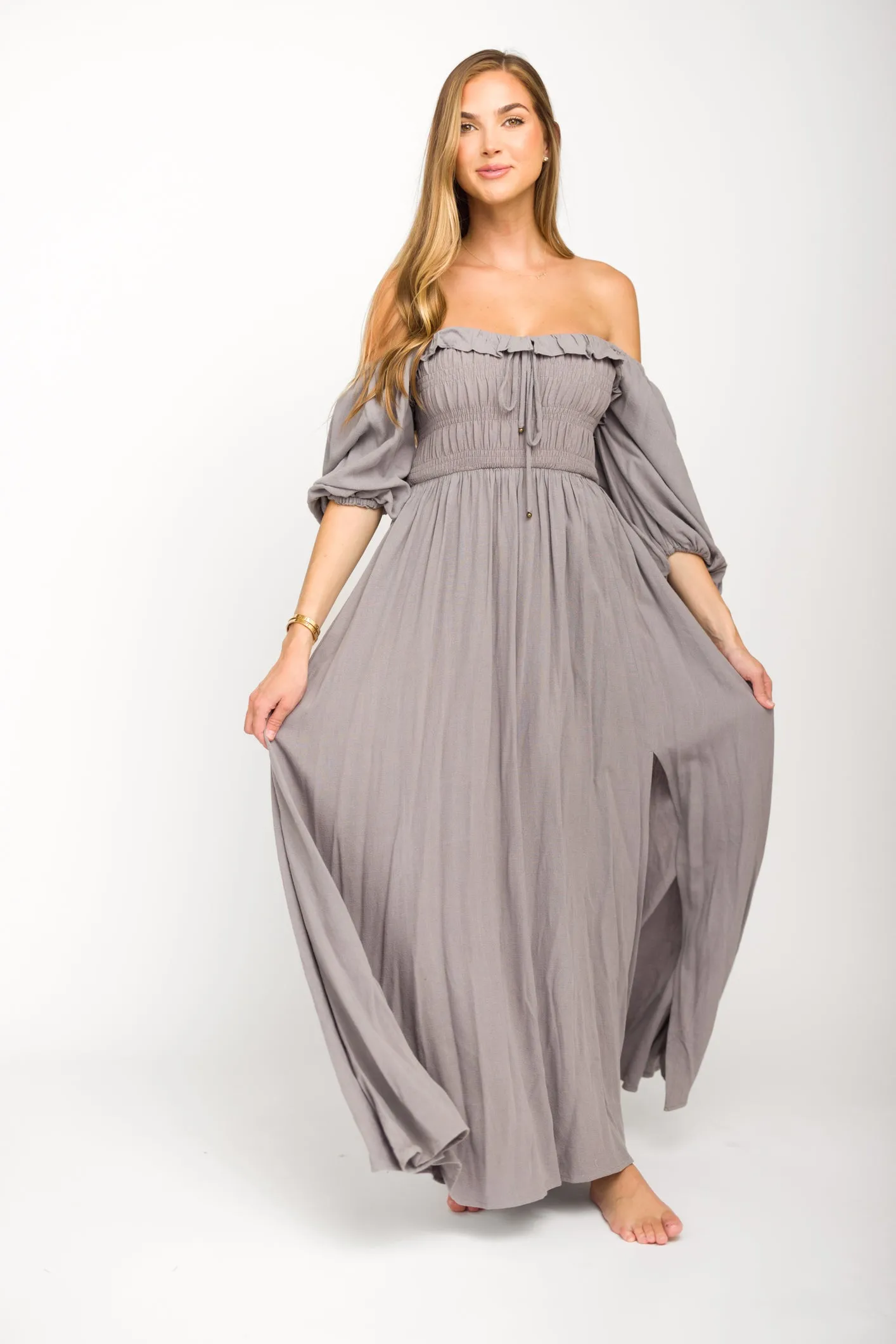 Devon Smocked Maxi Dress in Slate Grey - Bump Friendly