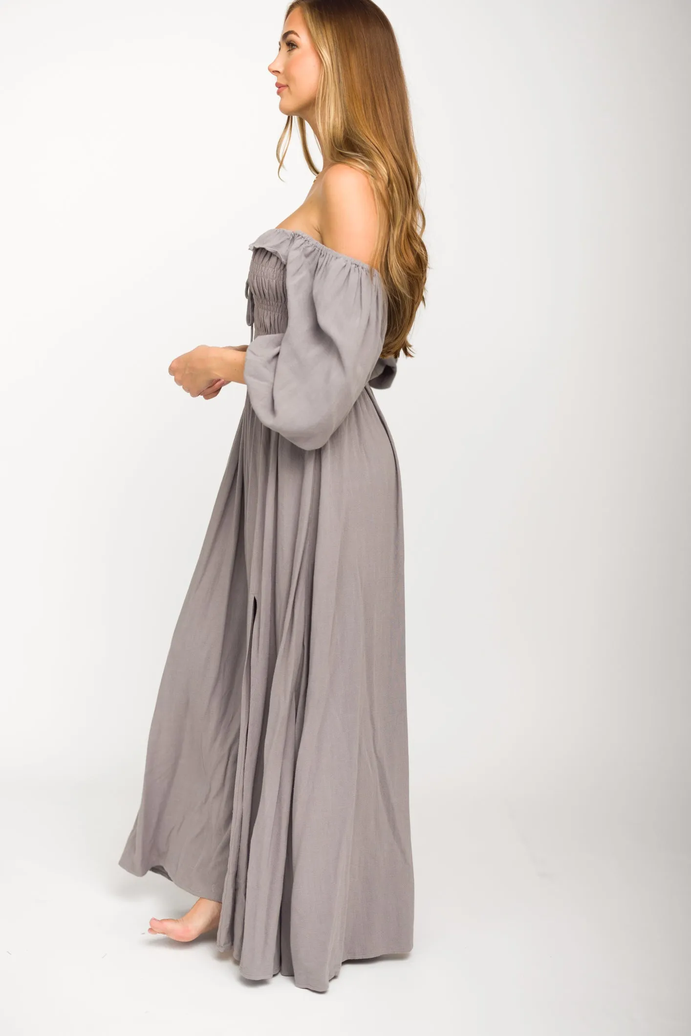 Devon Smocked Maxi Dress in Slate Grey - Bump Friendly