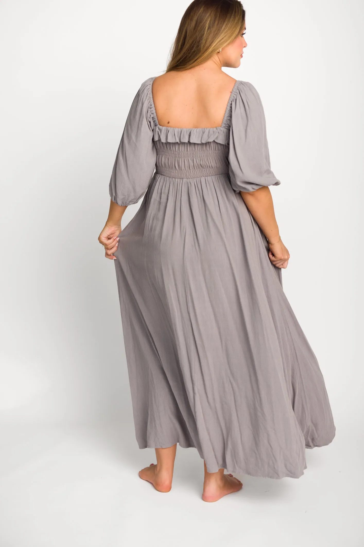 Devon Smocked Maxi Dress in Slate Grey - Bump Friendly