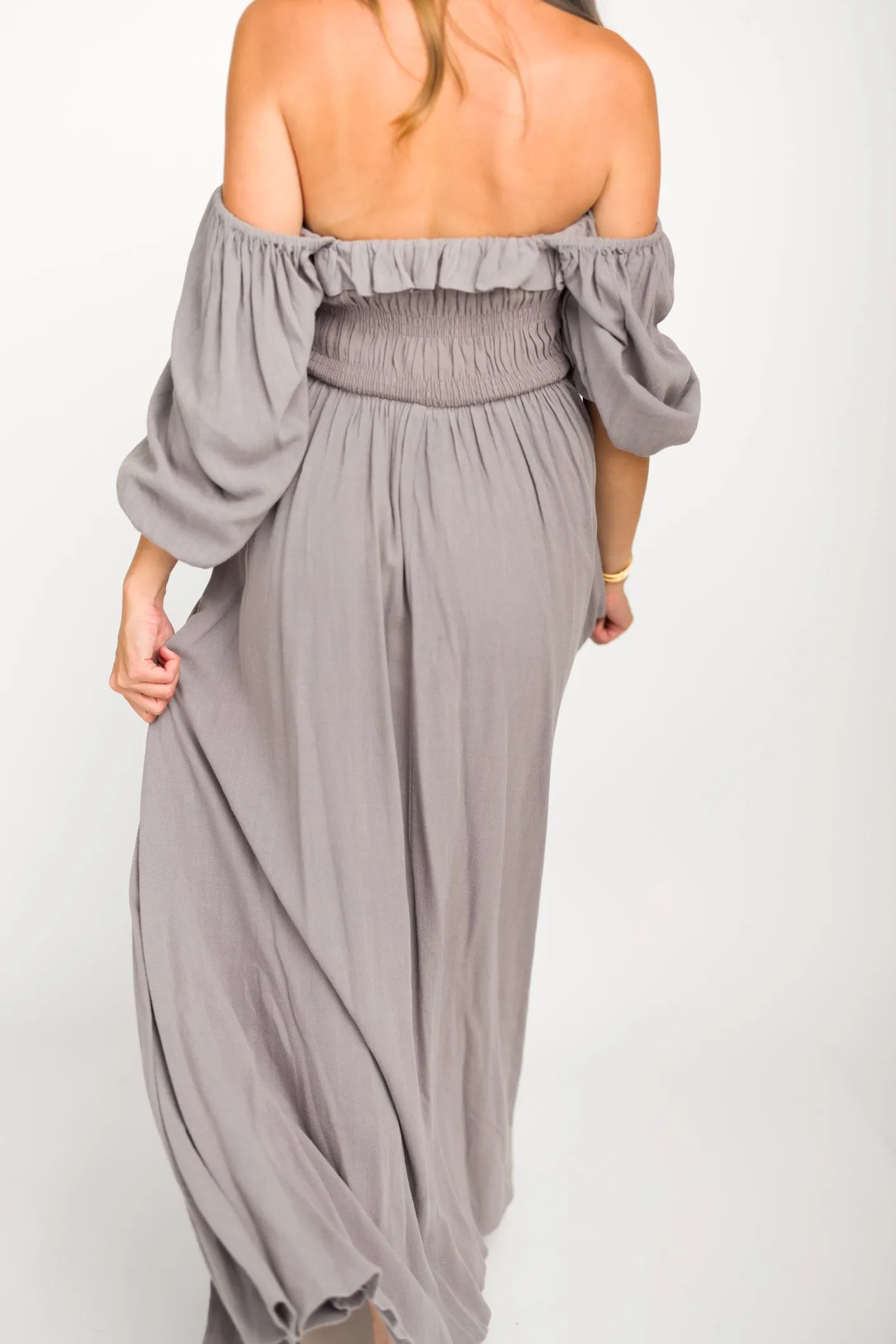 Devon Smocked Maxi Dress in Slate Grey - Bump Friendly