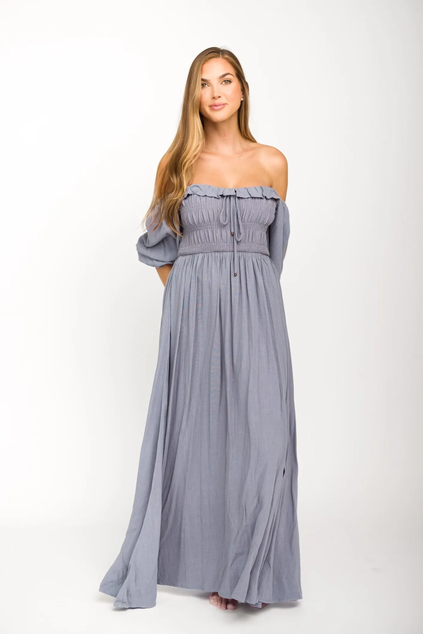 Devon Smocked Maxi Dress in Slate Grey - Bump Friendly