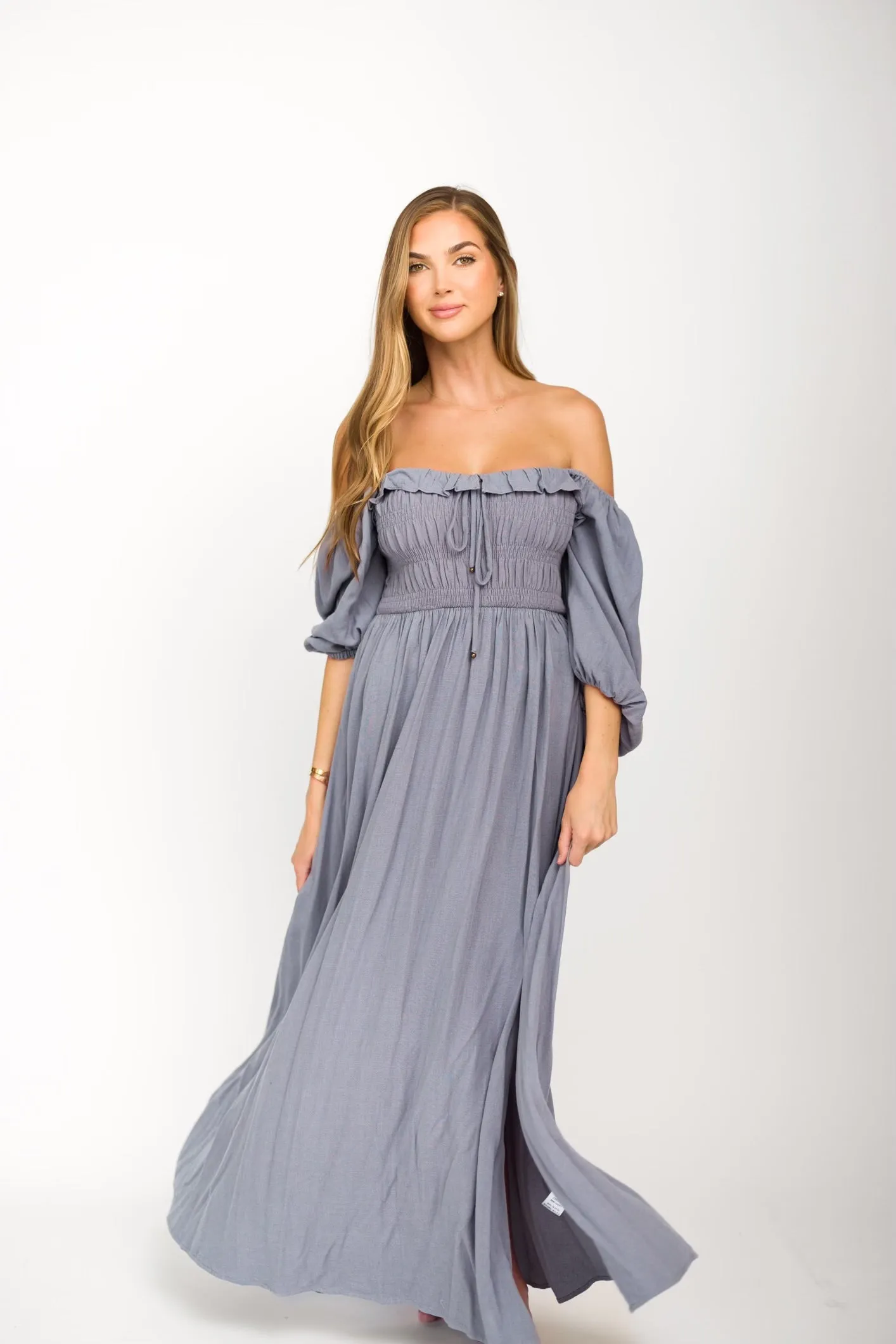 Devon Smocked Maxi Dress in Slate Grey - Bump Friendly