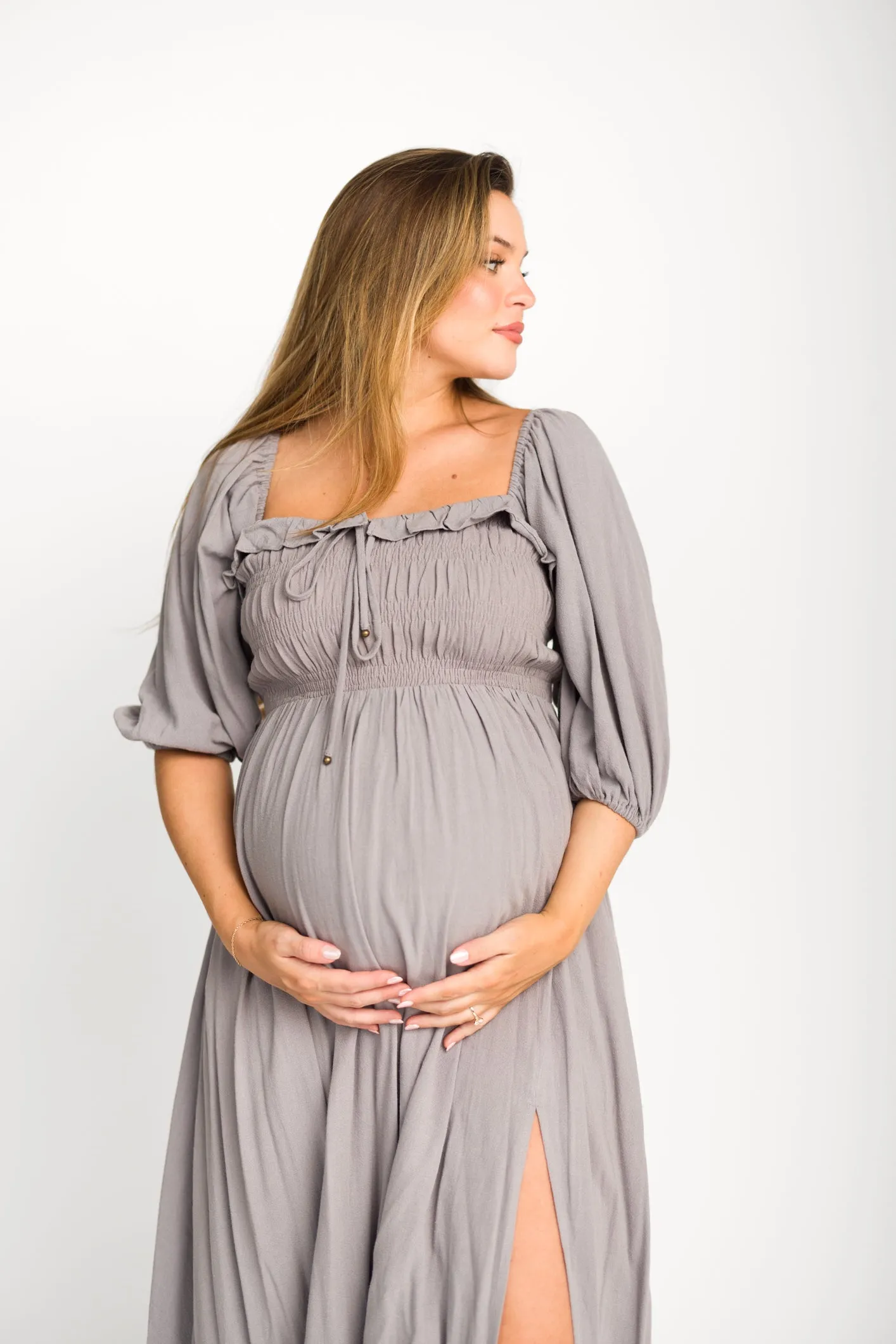 Devon Smocked Maxi Dress in Slate Grey - Bump Friendly