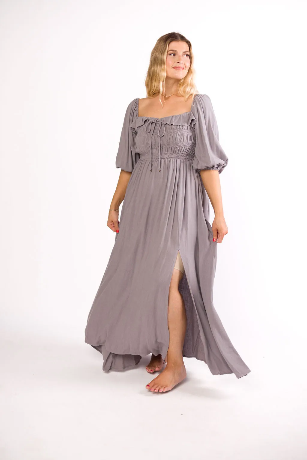 Devon Smocked Maxi Dress in Slate Grey - Bump Friendly
