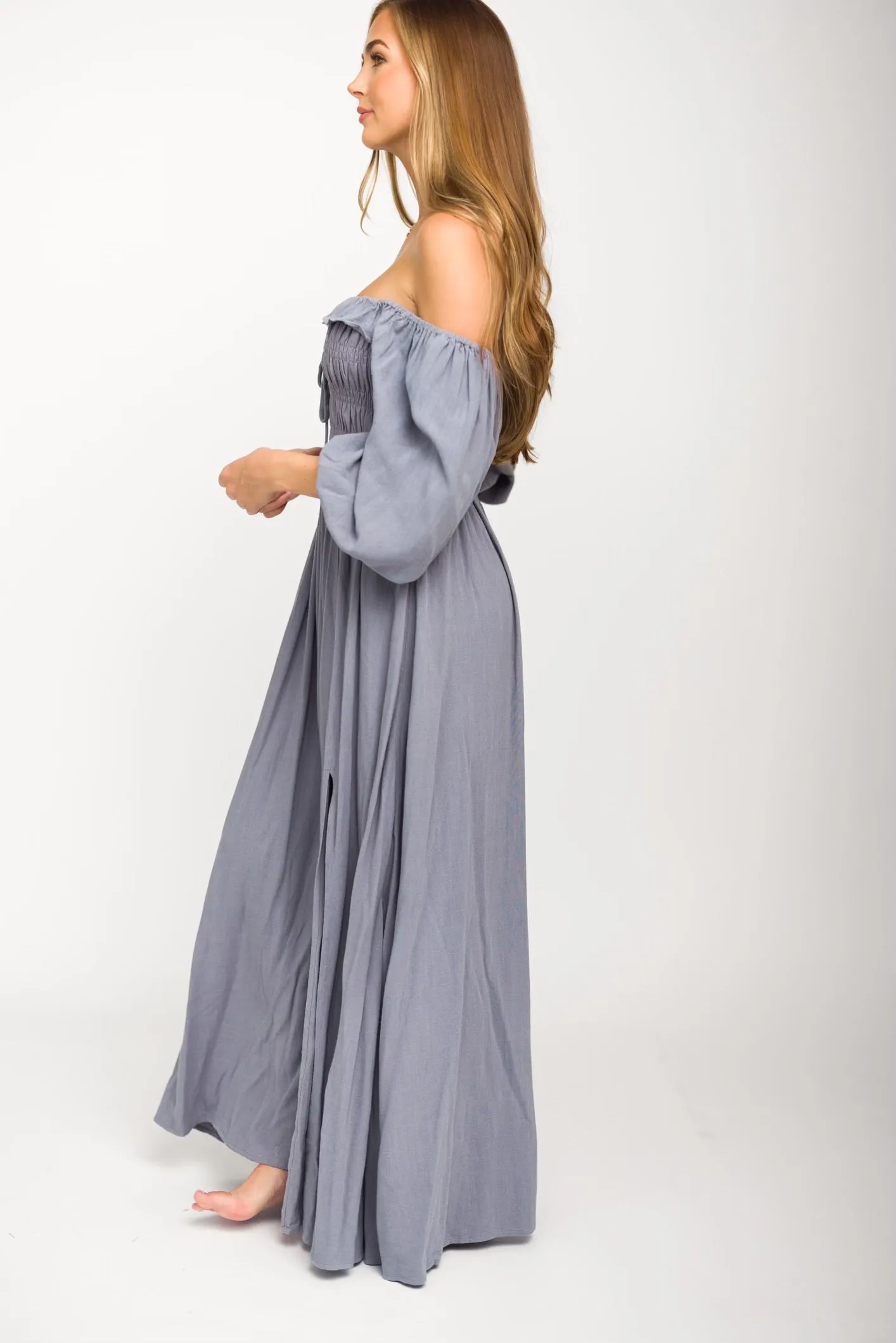 Devon Smocked Maxi Dress in Slate Grey - Bump Friendly
