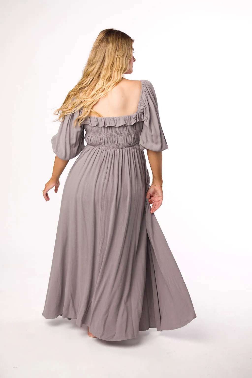 Devon Smocked Maxi Dress in Slate Grey - Bump Friendly