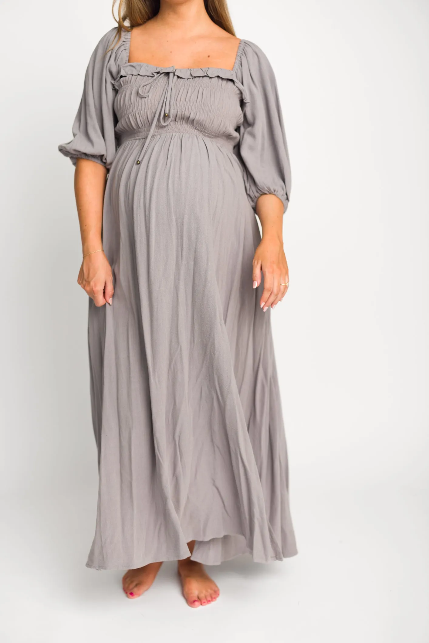 Devon Smocked Maxi Dress in Slate Grey - Bump Friendly
