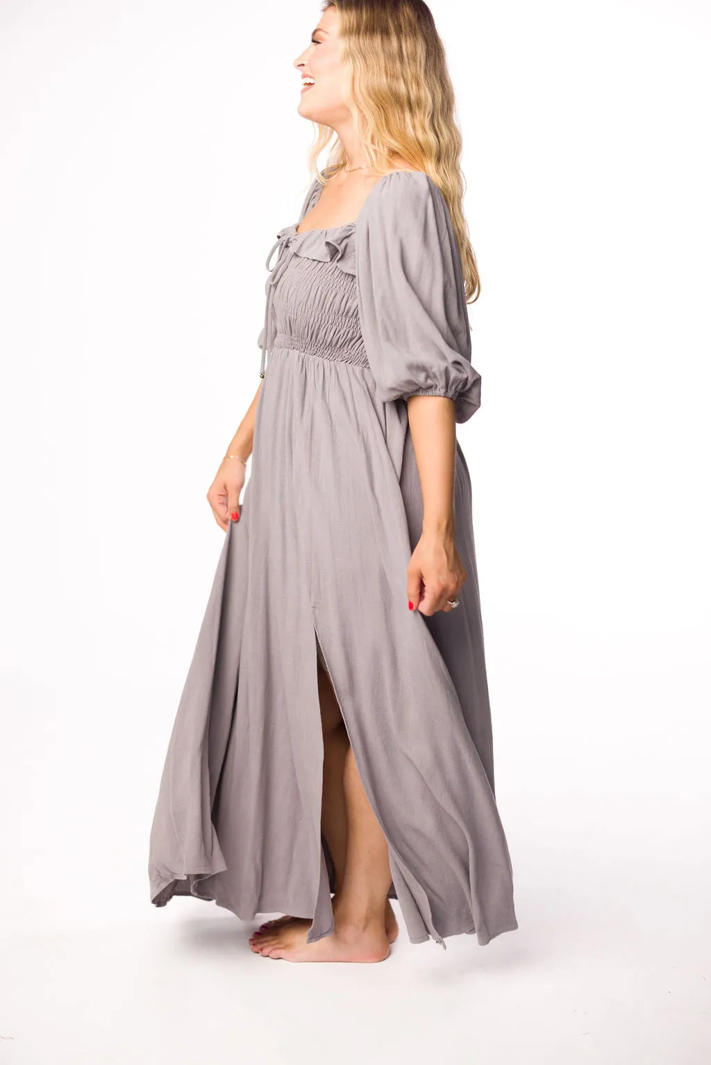 Devon Smocked Maxi Dress in Slate Grey - Bump Friendly