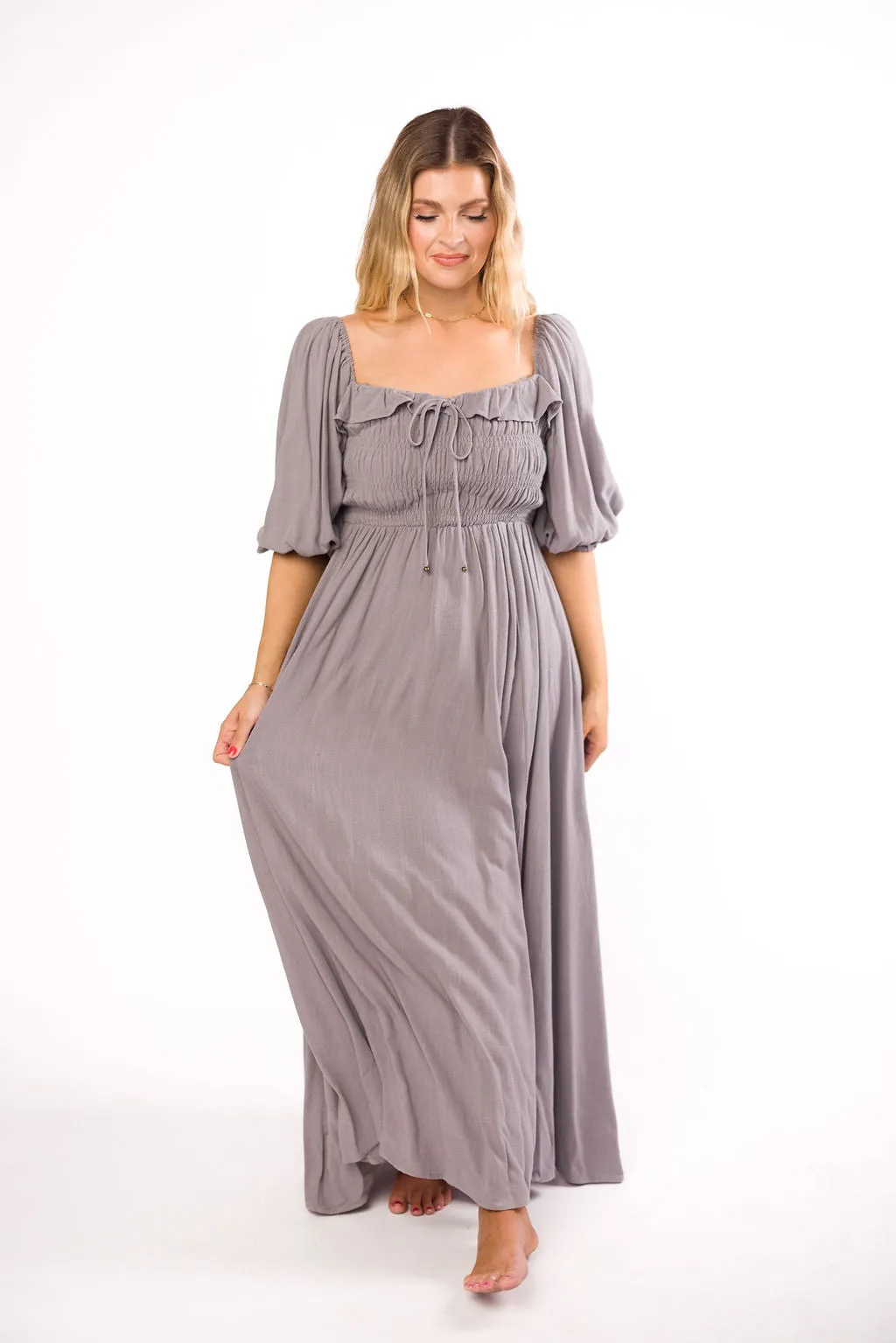 Devon Smocked Maxi Dress in Slate Grey - Bump Friendly