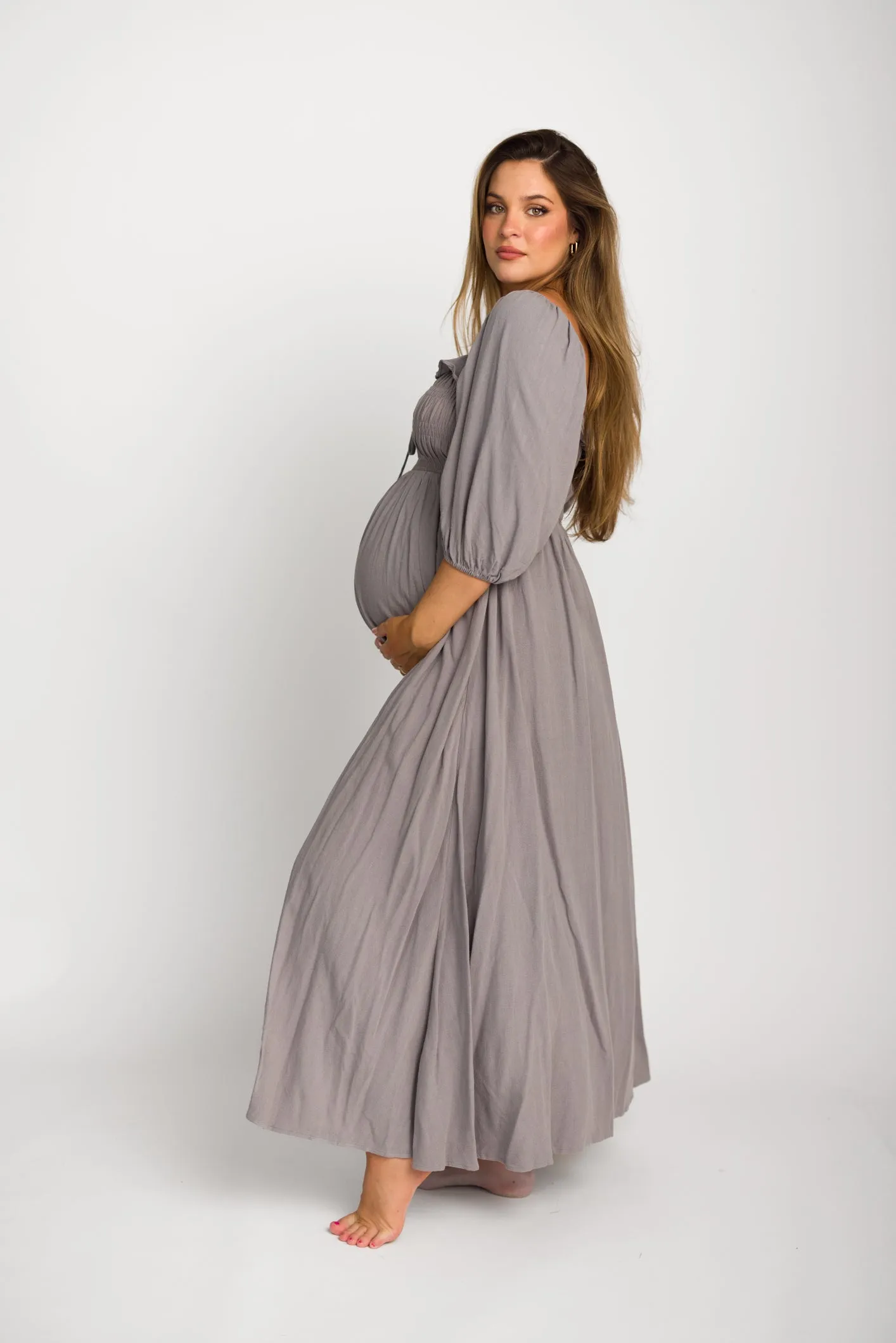 Devon Smocked Maxi Dress in Slate Grey - Bump Friendly