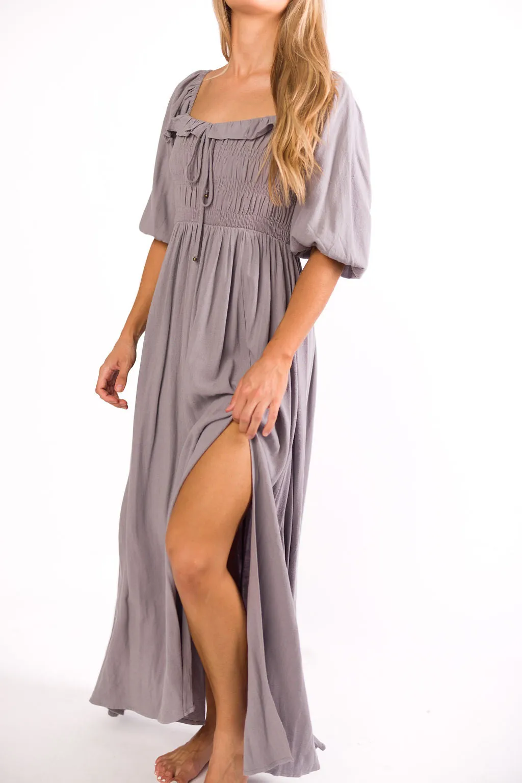 Devon Smocked Maxi Dress in Slate Grey - Bump Friendly