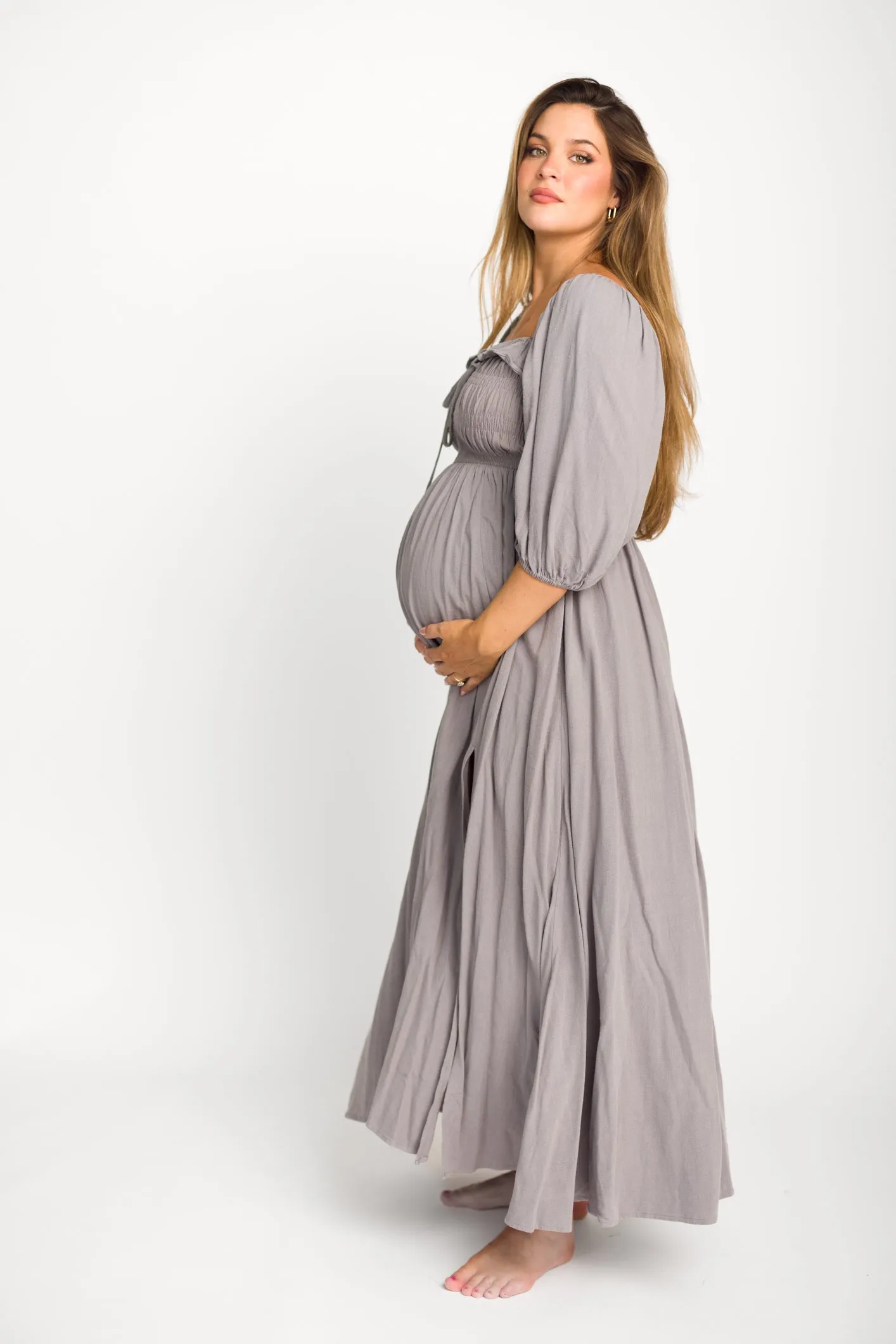 Devon Smocked Maxi Dress in Slate Grey - Bump Friendly