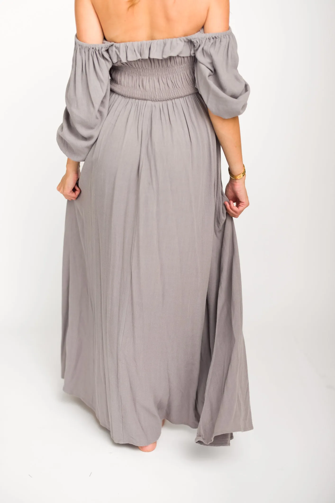 Devon Smocked Maxi Dress in Slate Grey - Bump Friendly