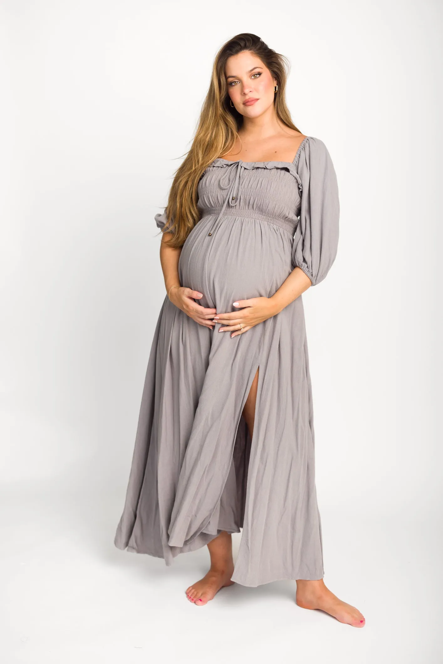 Devon Smocked Maxi Dress in Slate Grey - Bump Friendly