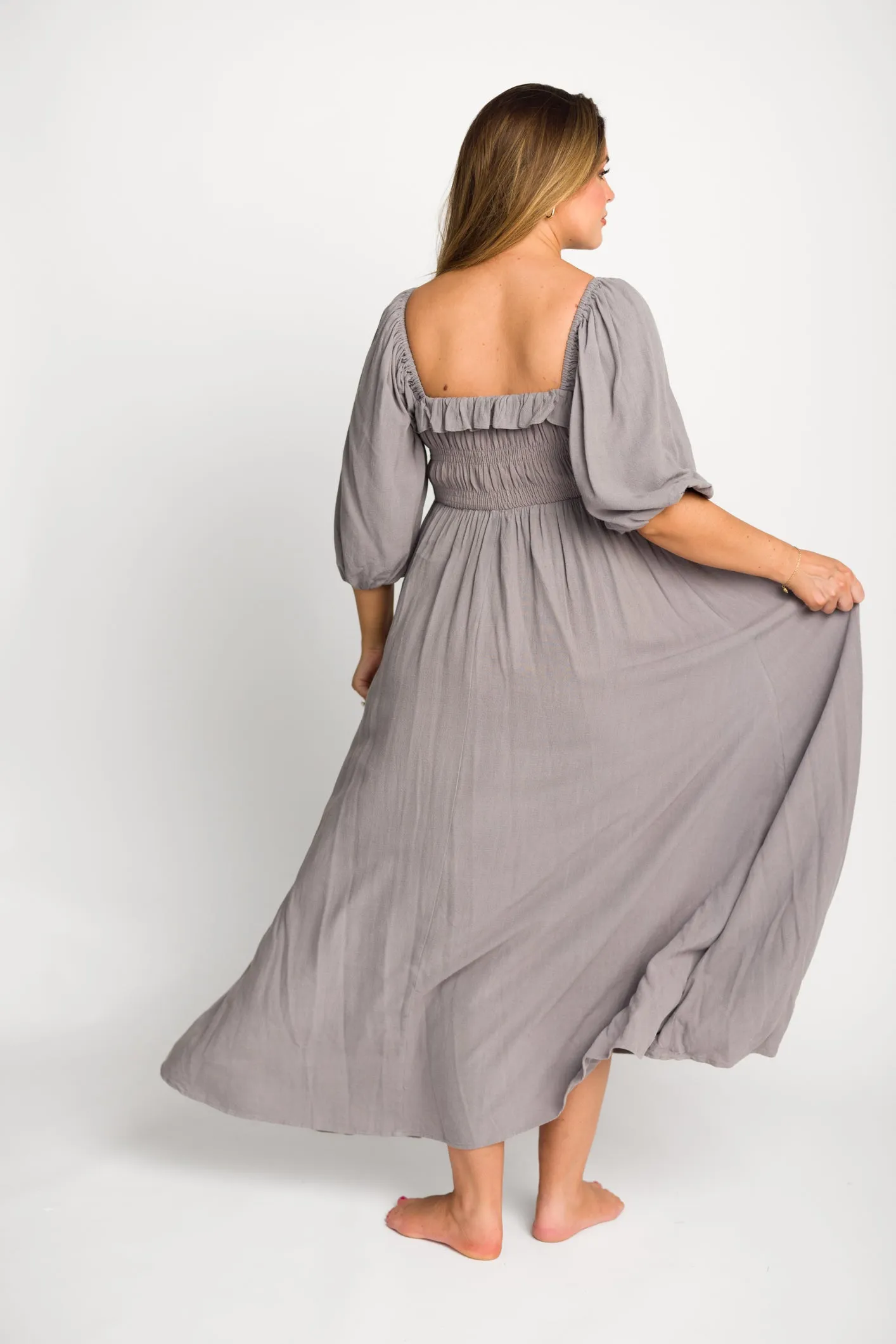 Devon Smocked Maxi Dress in Slate Grey - Bump Friendly