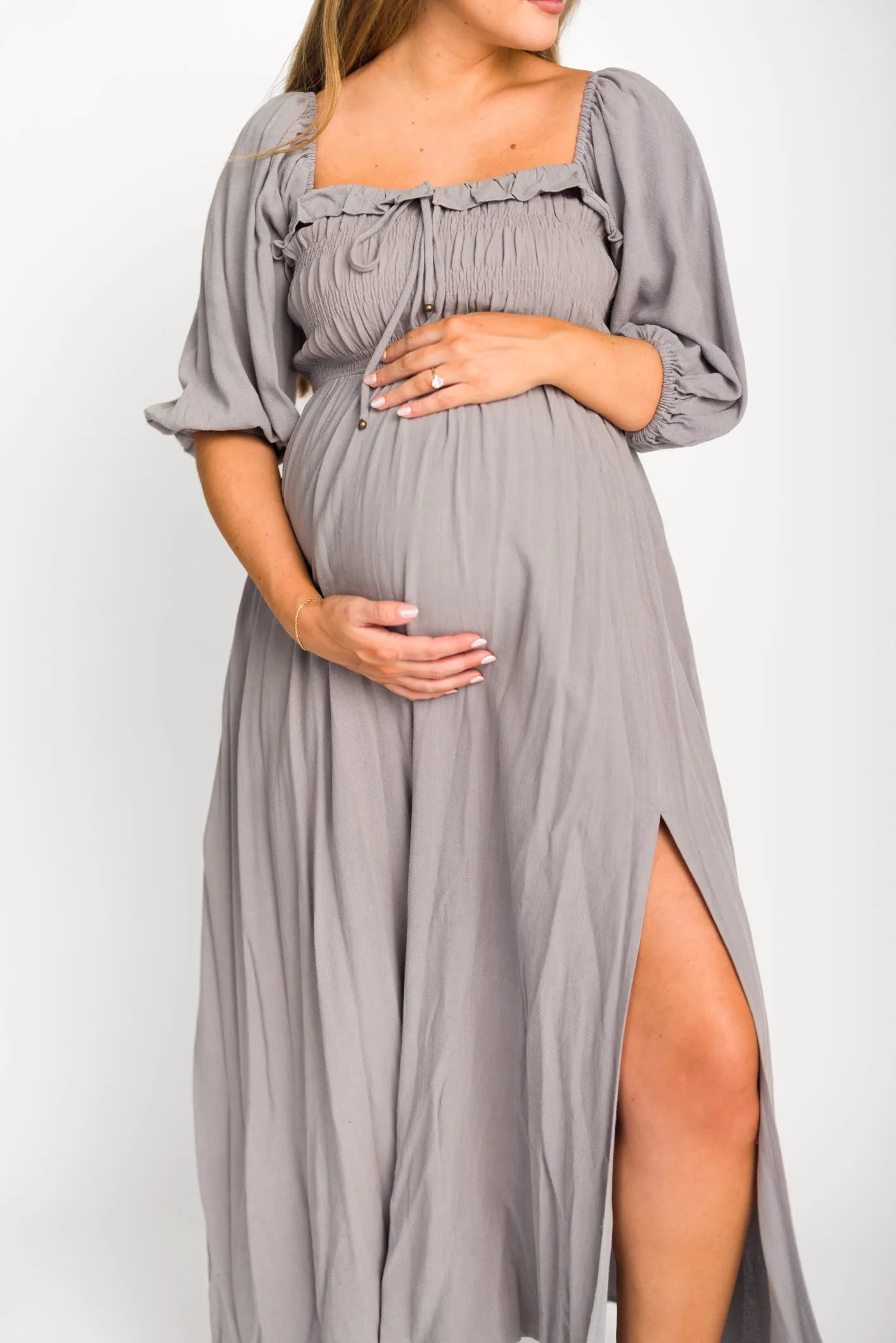 Devon Smocked Maxi Dress in Slate Grey - Bump Friendly
