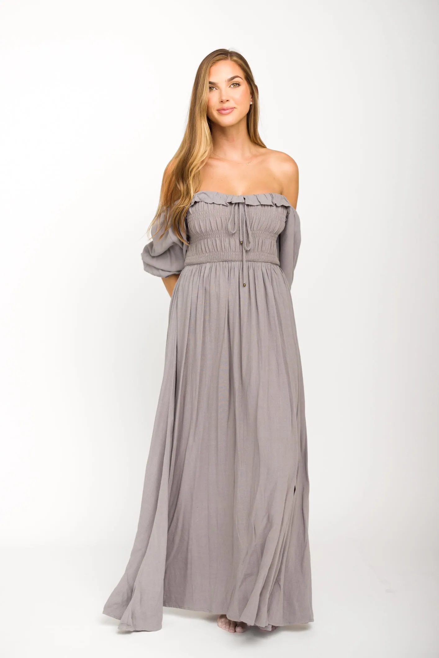 Devon Smocked Maxi Dress in Slate Grey - Bump Friendly
