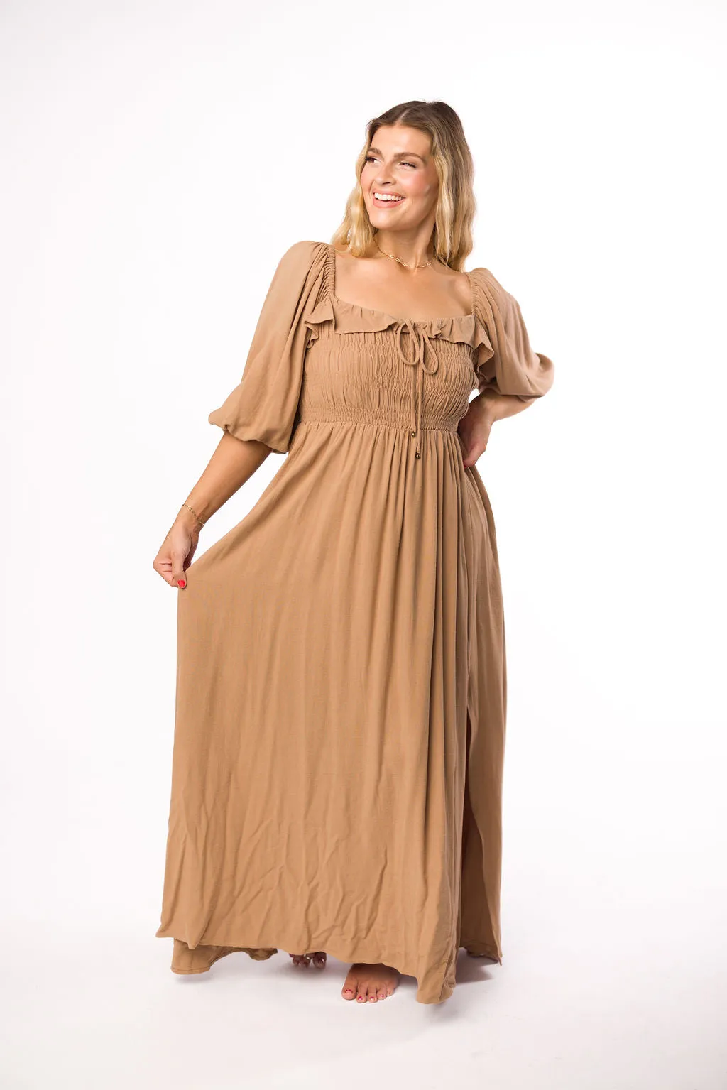 Devon Smocked Maxi Dress in Taupe - Bump Friendly