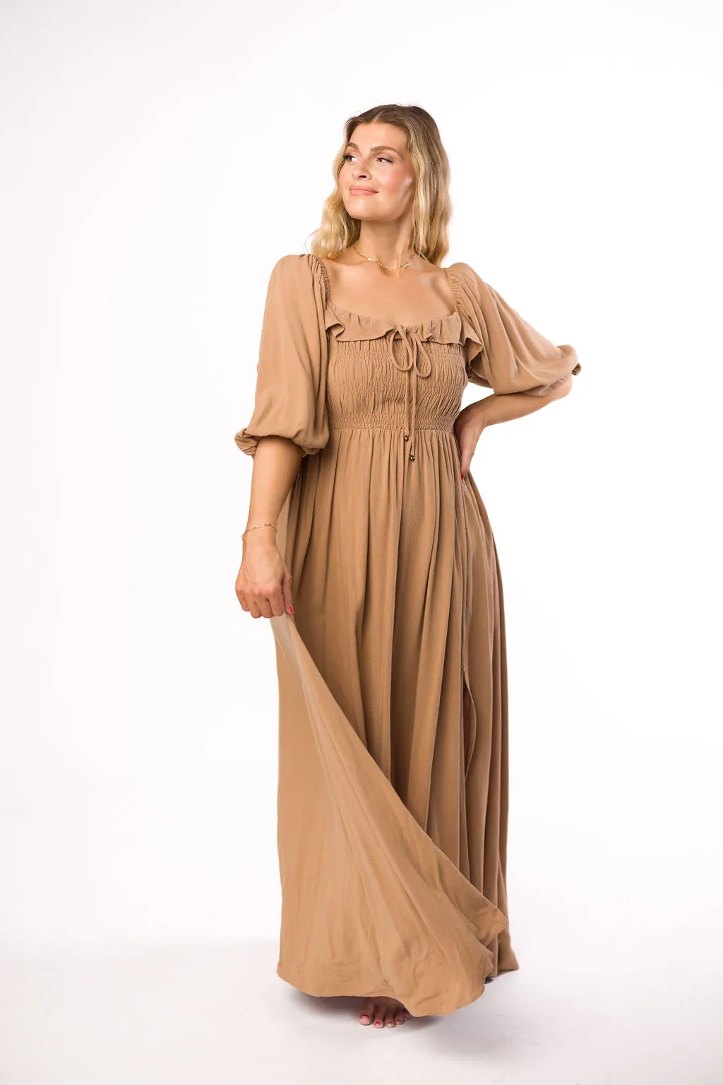 Devon Smocked Maxi Dress in Taupe - Bump Friendly