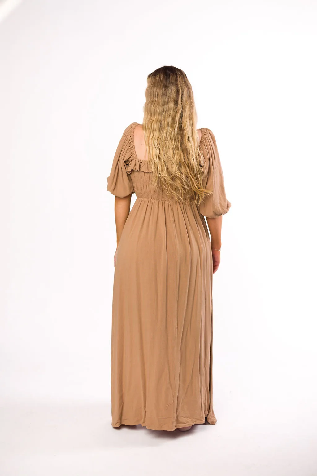 Devon Smocked Maxi Dress in Taupe - Bump Friendly