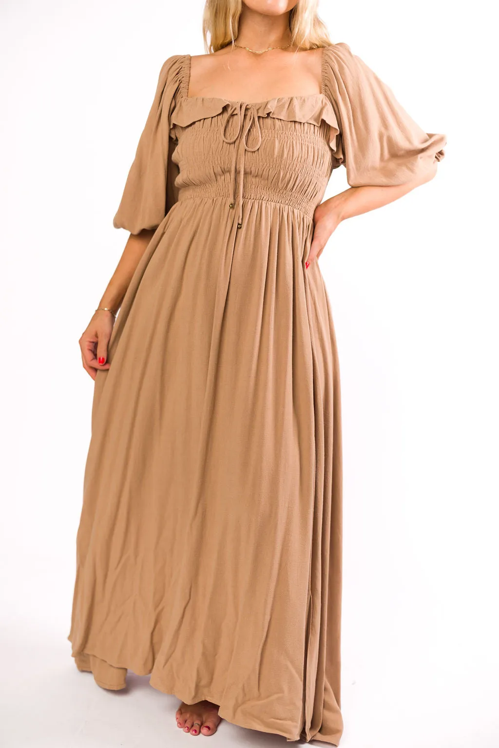 Devon Smocked Maxi Dress in Taupe - Bump Friendly