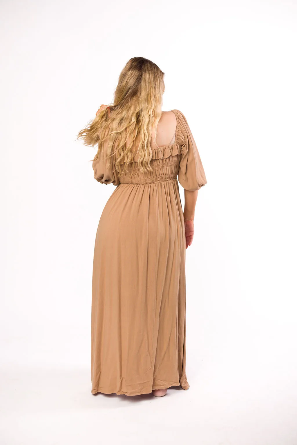 Devon Smocked Maxi Dress in Taupe - Bump Friendly