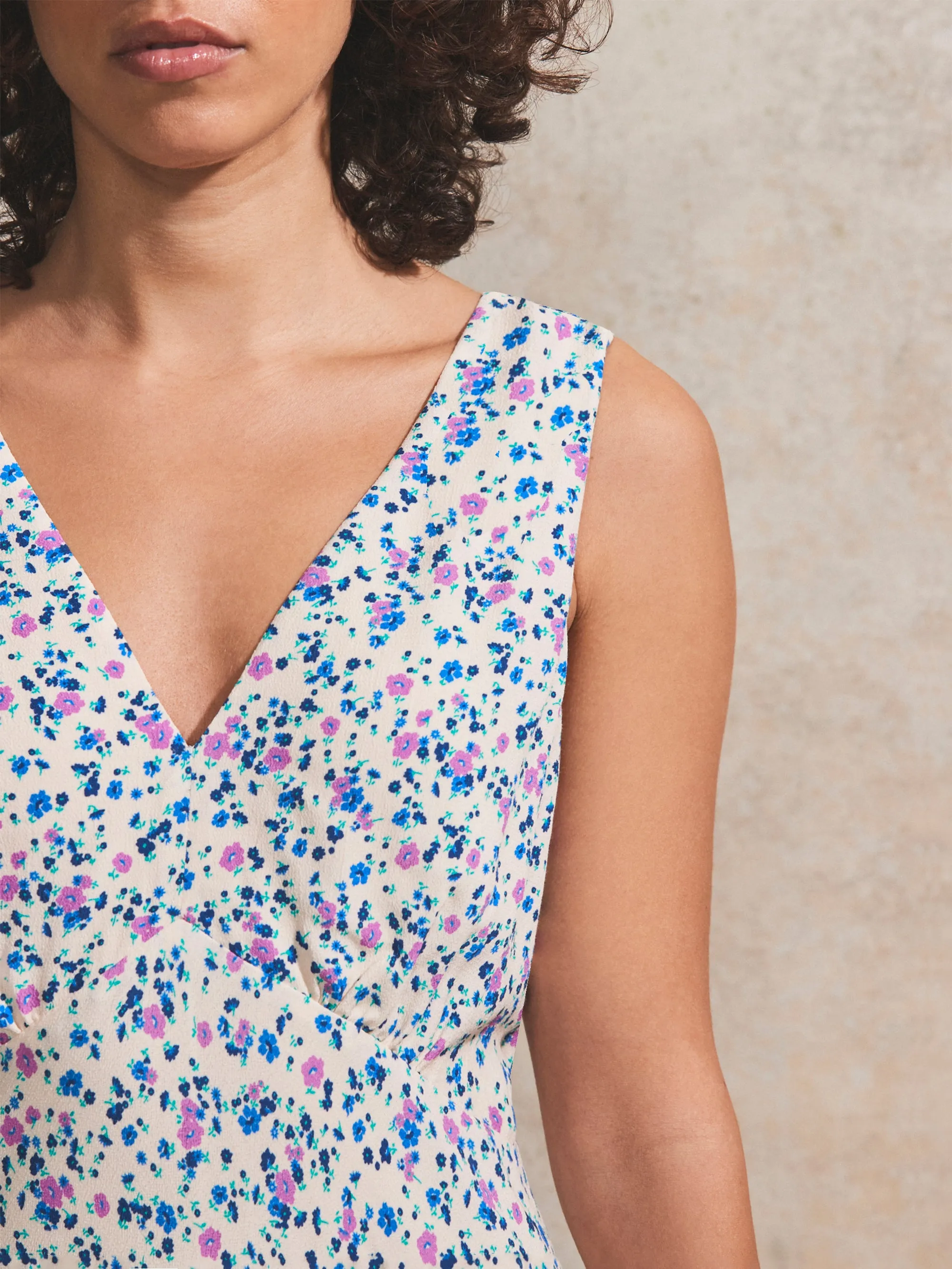 Ditsy-Print V-Neck Midi Dress