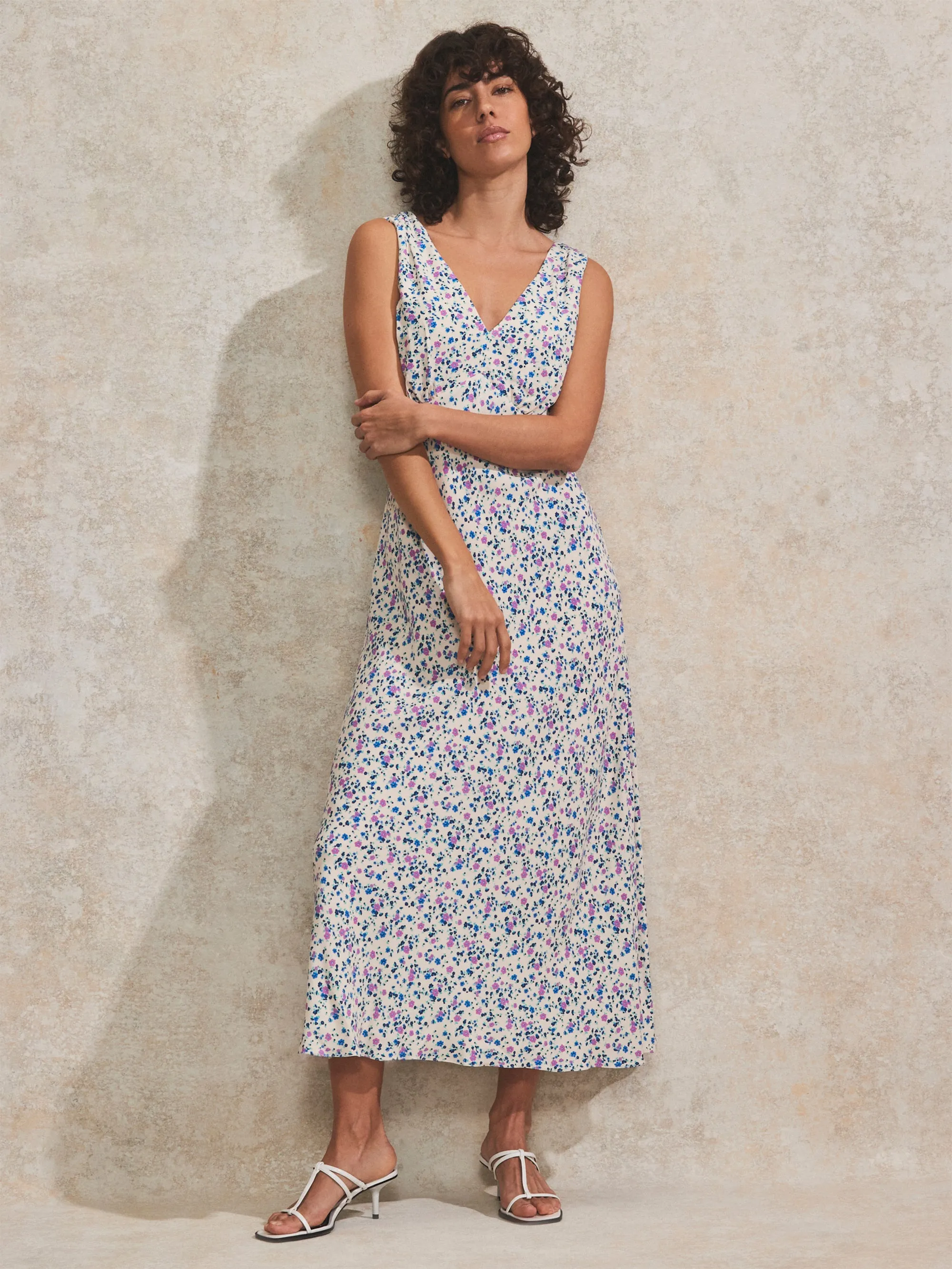 Ditsy-Print V-Neck Midi Dress