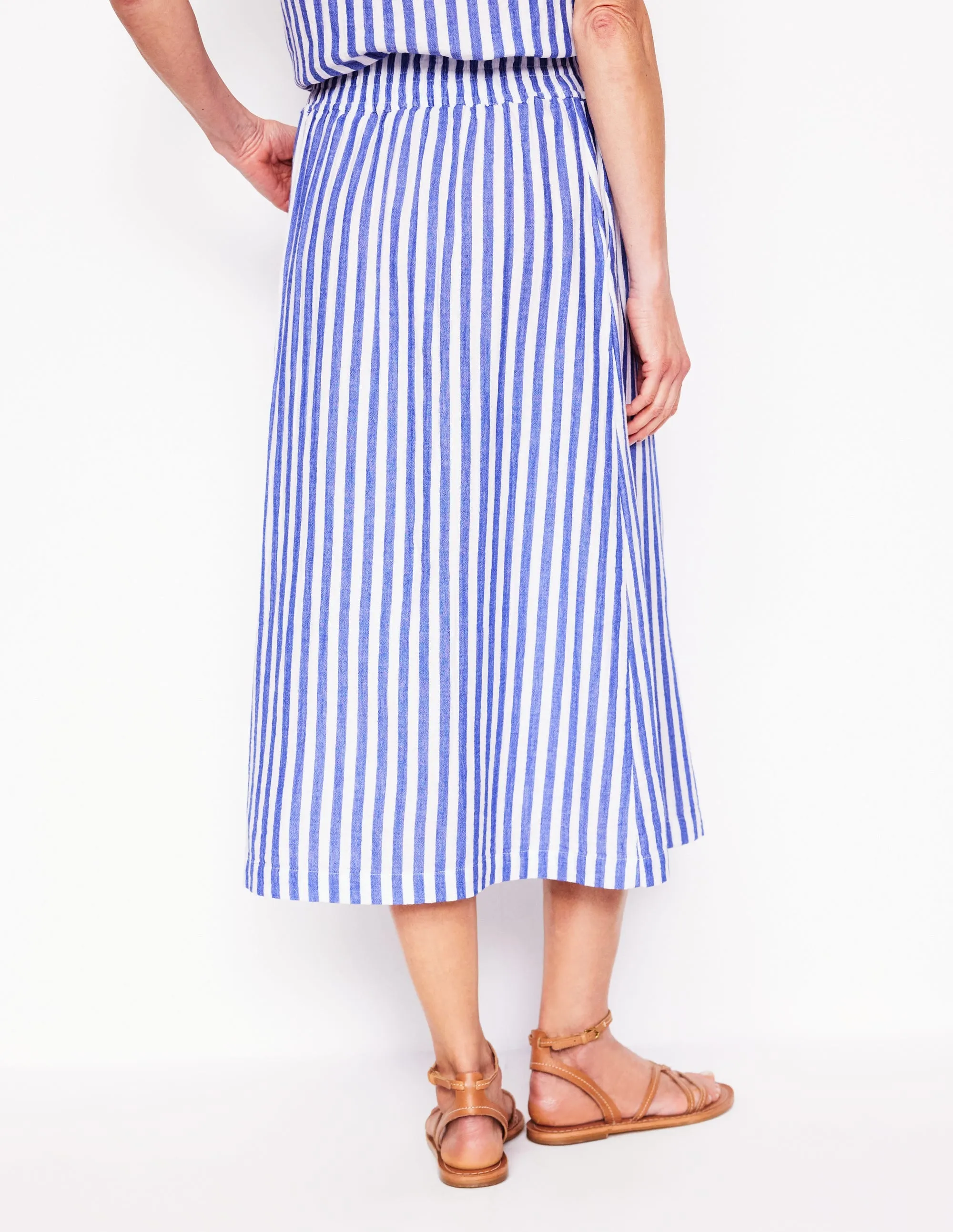 Double Cloth Smocked Skirt-Bright Blue Stripe