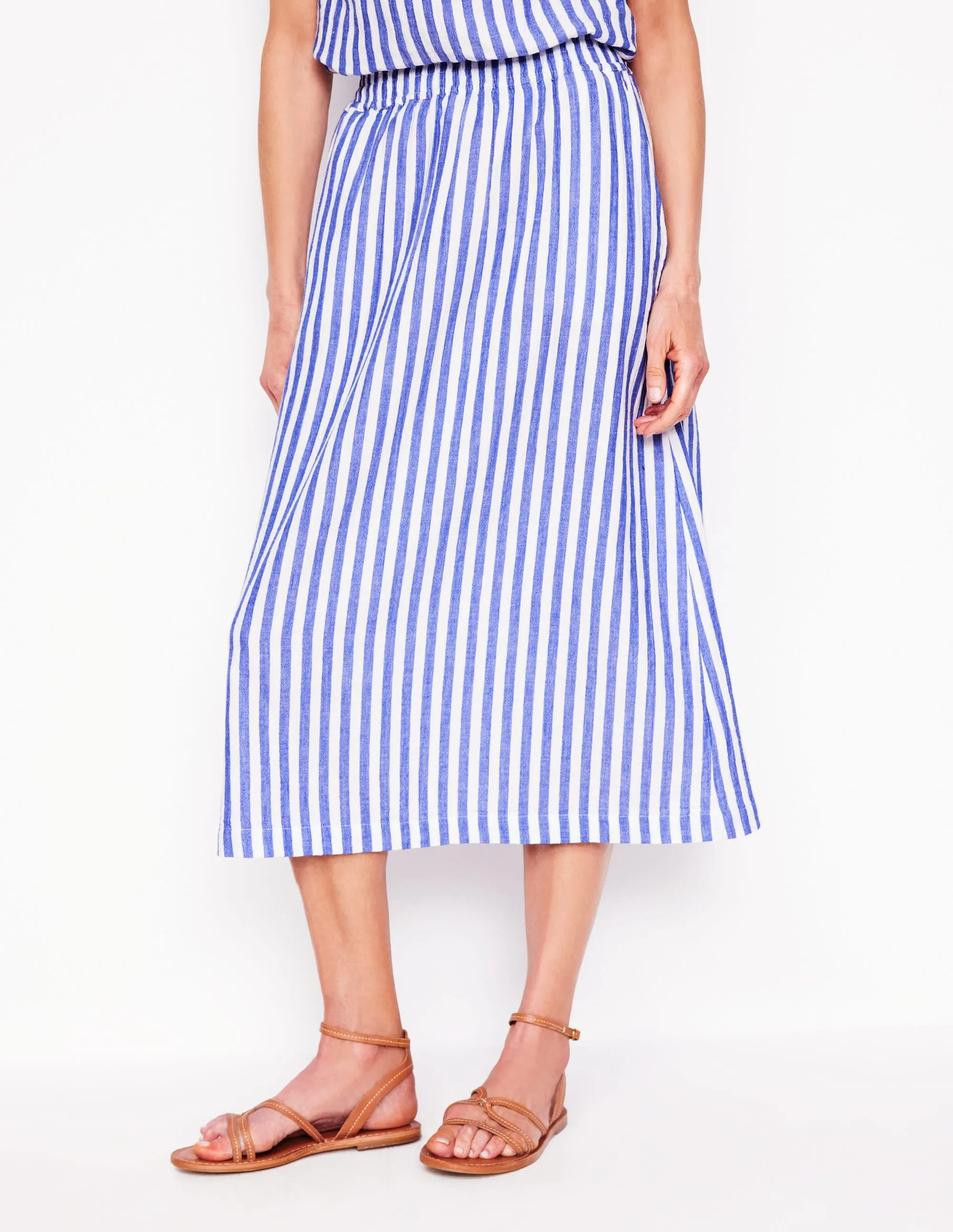 Double Cloth Smocked Skirt-Bright Blue Stripe
