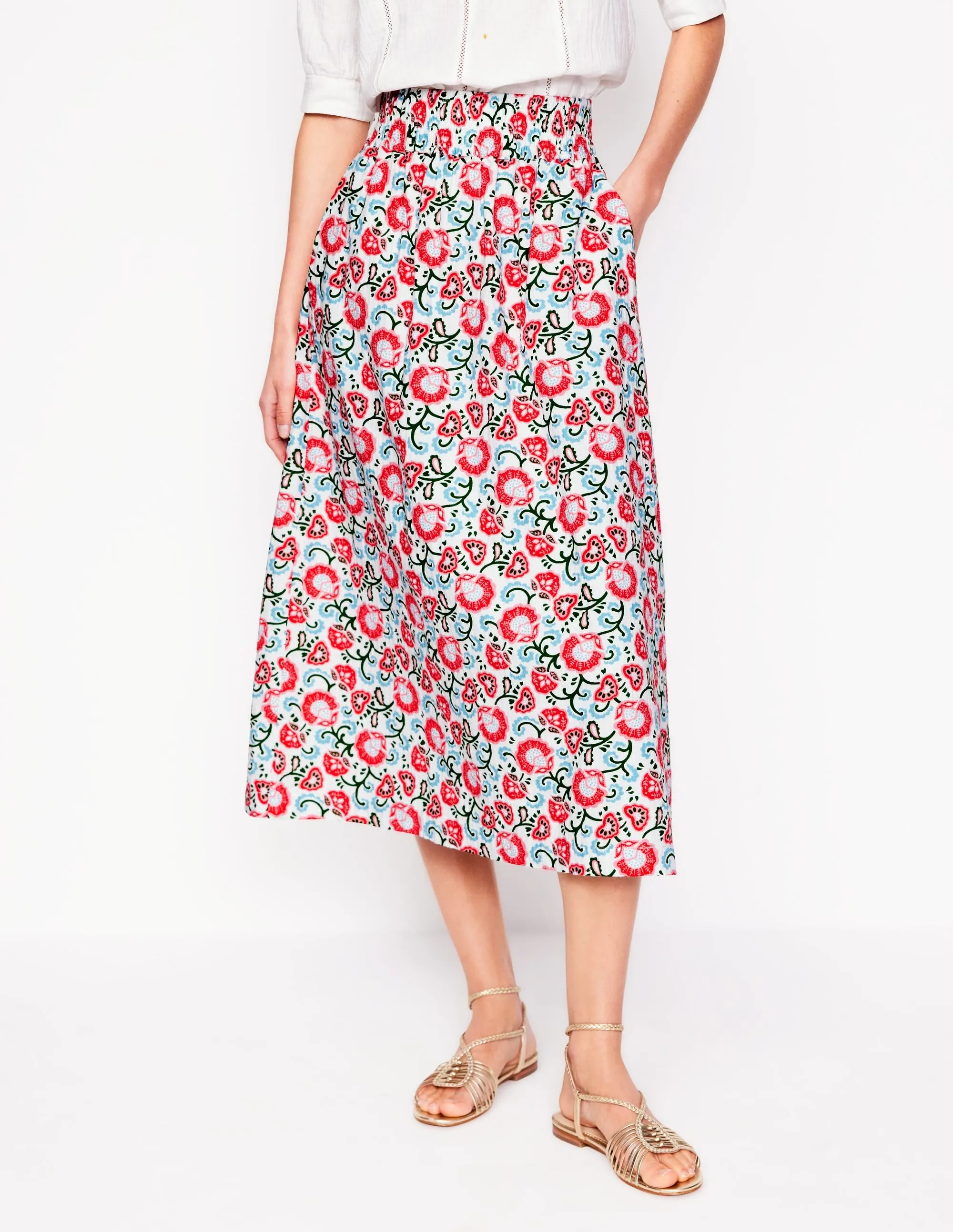 Double Cloth Smocked Skirt-Ivory. Garden Vine