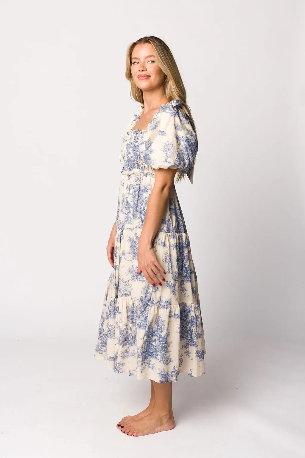 Elena 100% Cotton Toile Print Smocked Midi Dress in Blue - Bump Friendly (Restocking in April)
