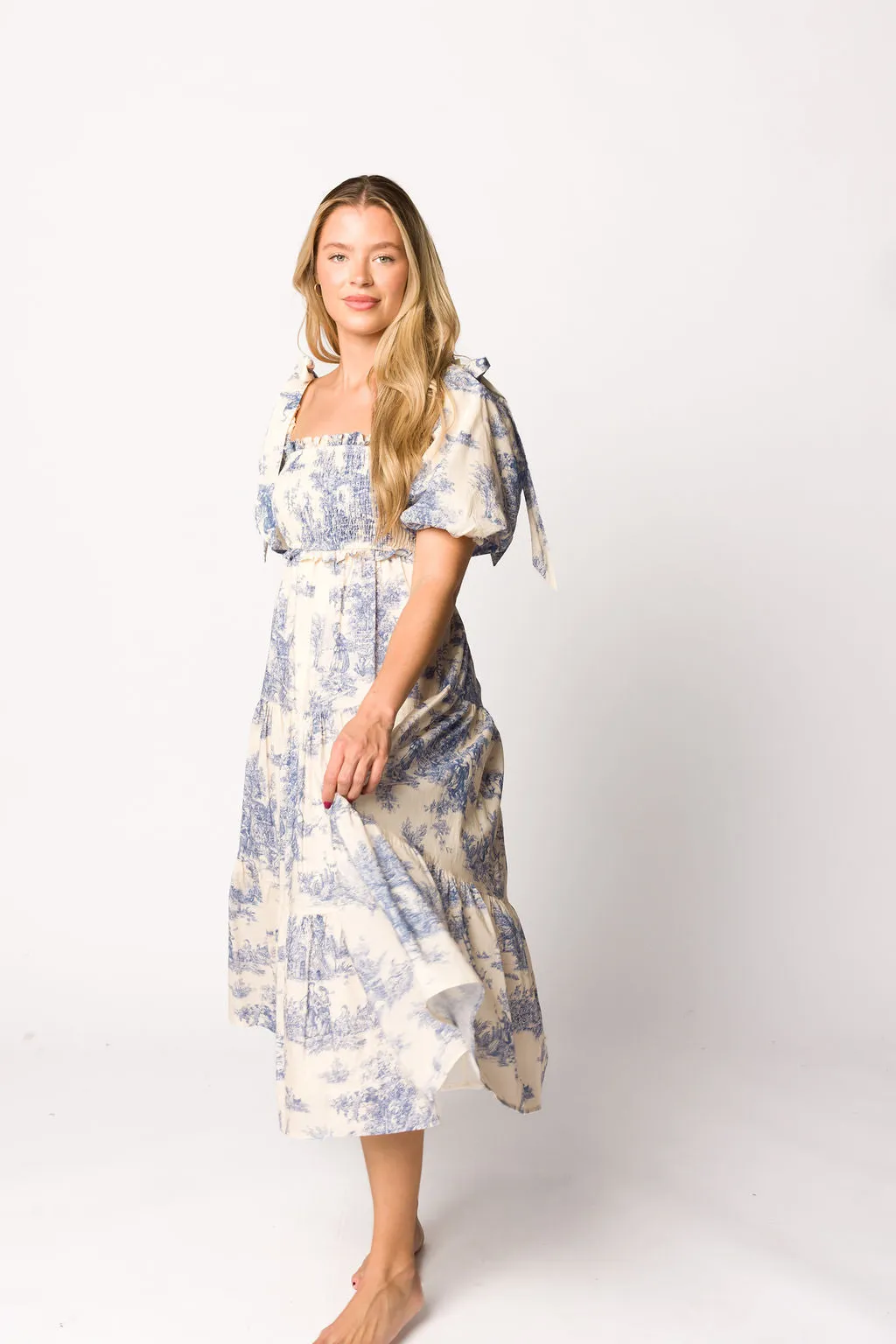 Elena 100% Cotton Toile Print Smocked Midi Dress in Blue - Bump Friendly (Restocking in April)