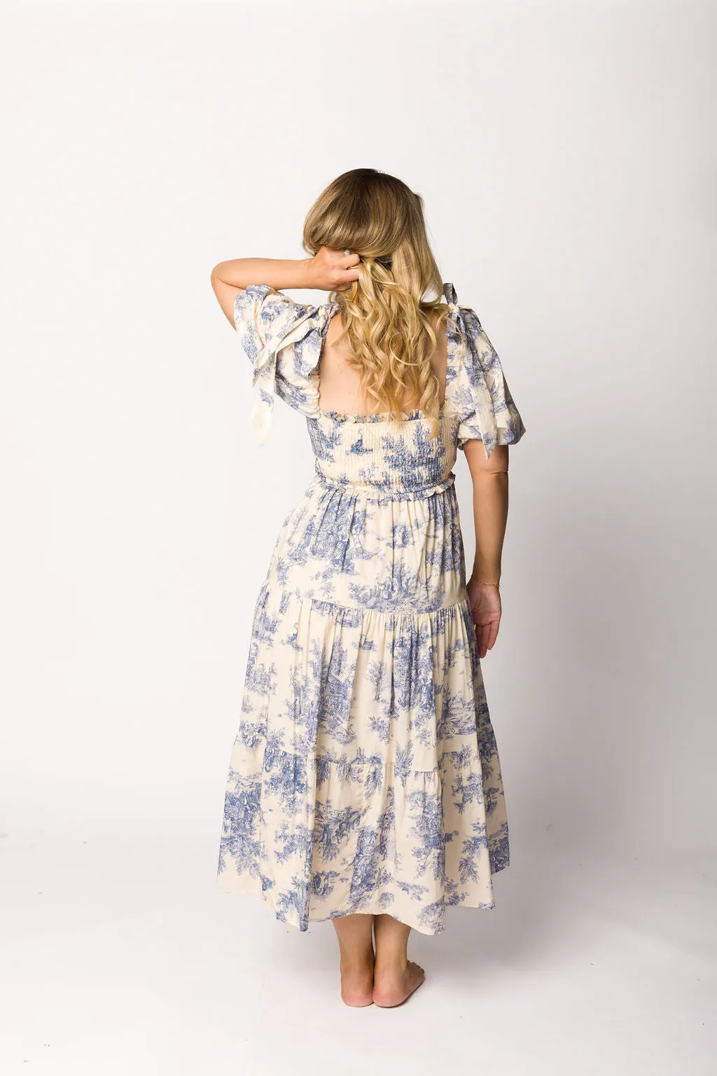 Elena 100% Cotton Toile Print Smocked Midi Dress in Blue - Bump Friendly (Restocking in April)