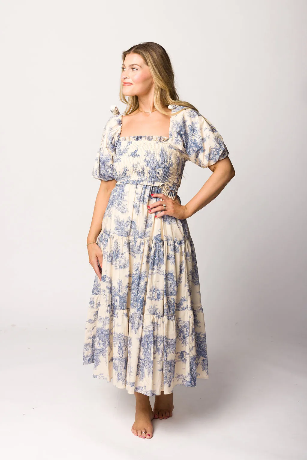 Elena 100% Cotton Toile Print Smocked Midi Dress in Blue - Bump Friendly (Restocking in April)