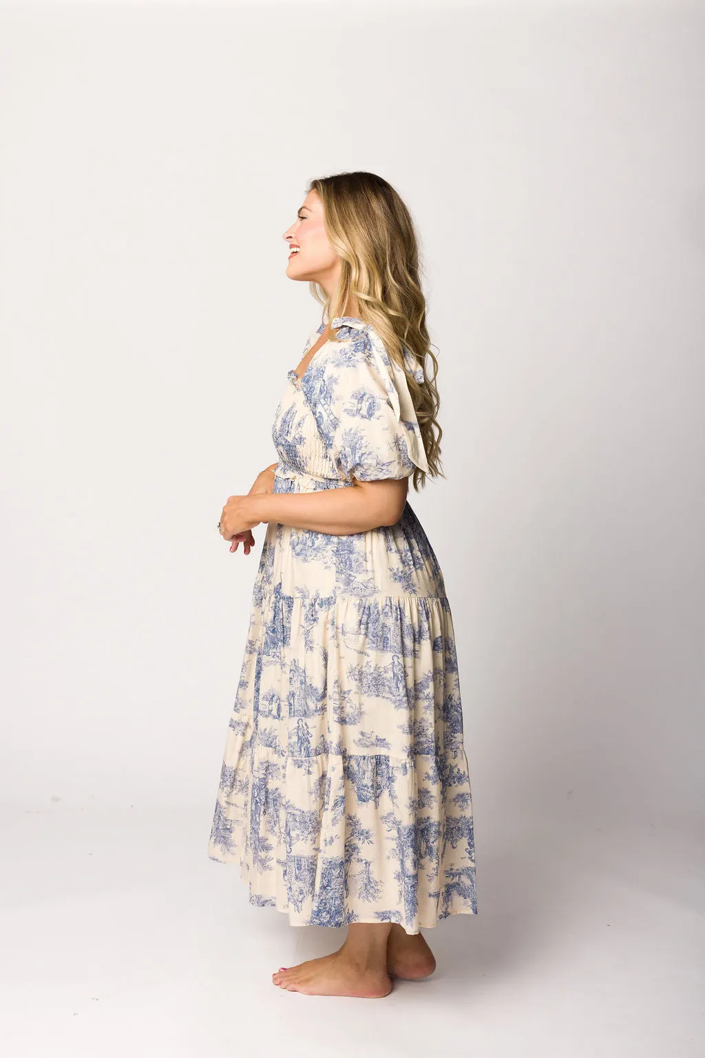 Elena 100% Cotton Toile Print Smocked Midi Dress in Blue - Bump Friendly (Restocking in April)