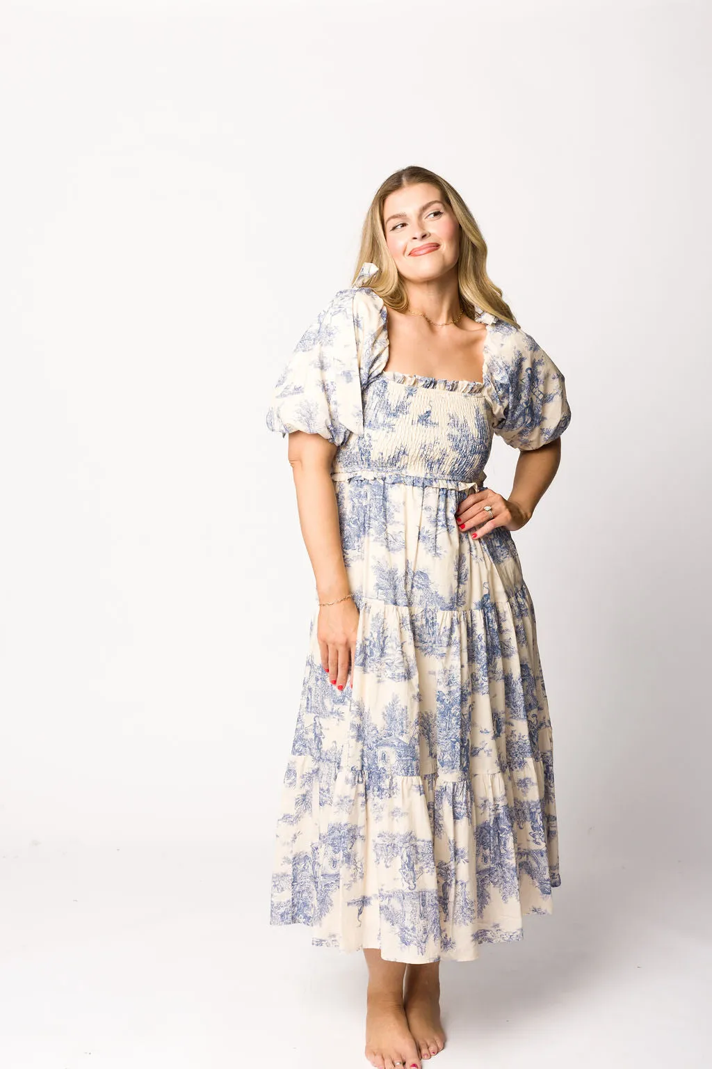 Elena 100% Cotton Toile Print Smocked Midi Dress in Blue - Bump Friendly (Restocking in April)