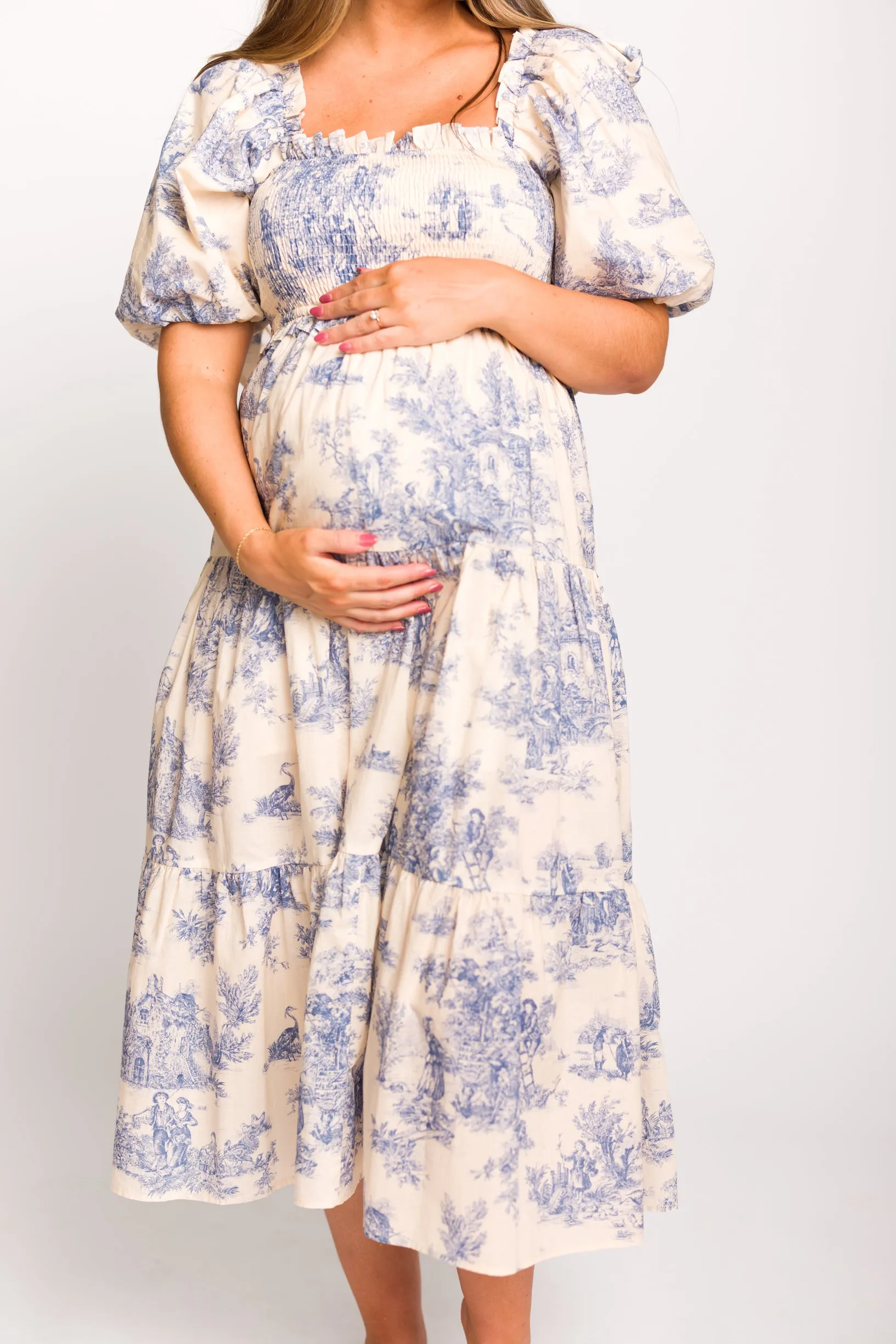 Elena 100% Cotton Toile Print Smocked Midi Dress in Blue - Bump Friendly (Restocking in April)
