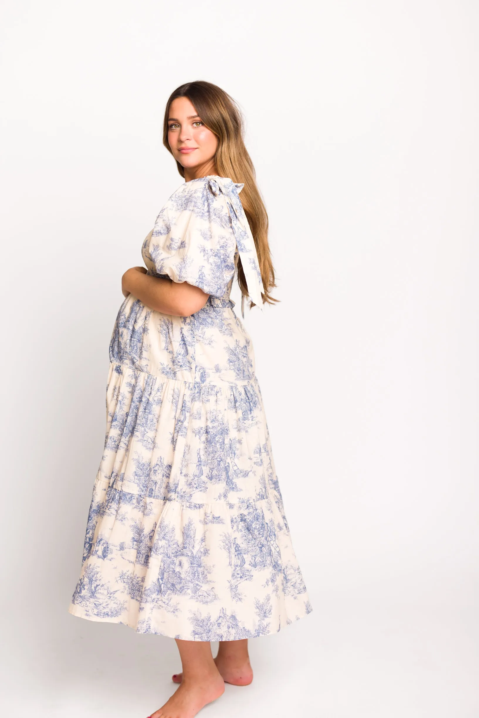 Elena 100% Cotton Toile Print Smocked Midi Dress in Blue - Bump Friendly (Restocking in April)