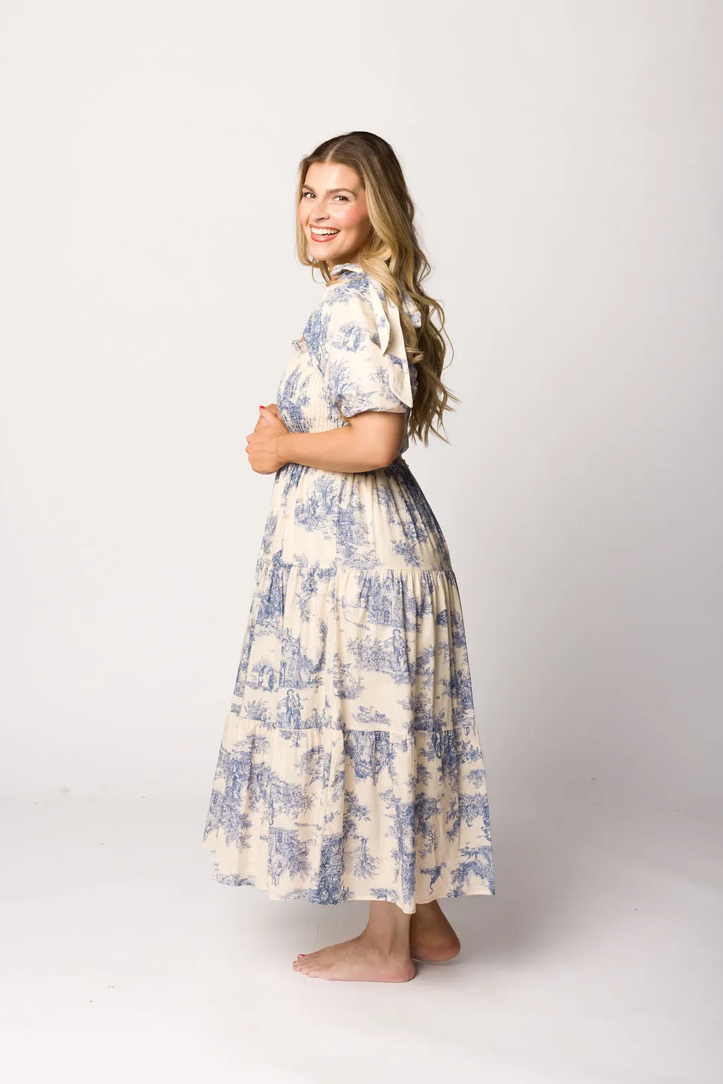 Elena 100% Cotton Toile Print Smocked Midi Dress in Blue - Bump Friendly (Restocking in April)