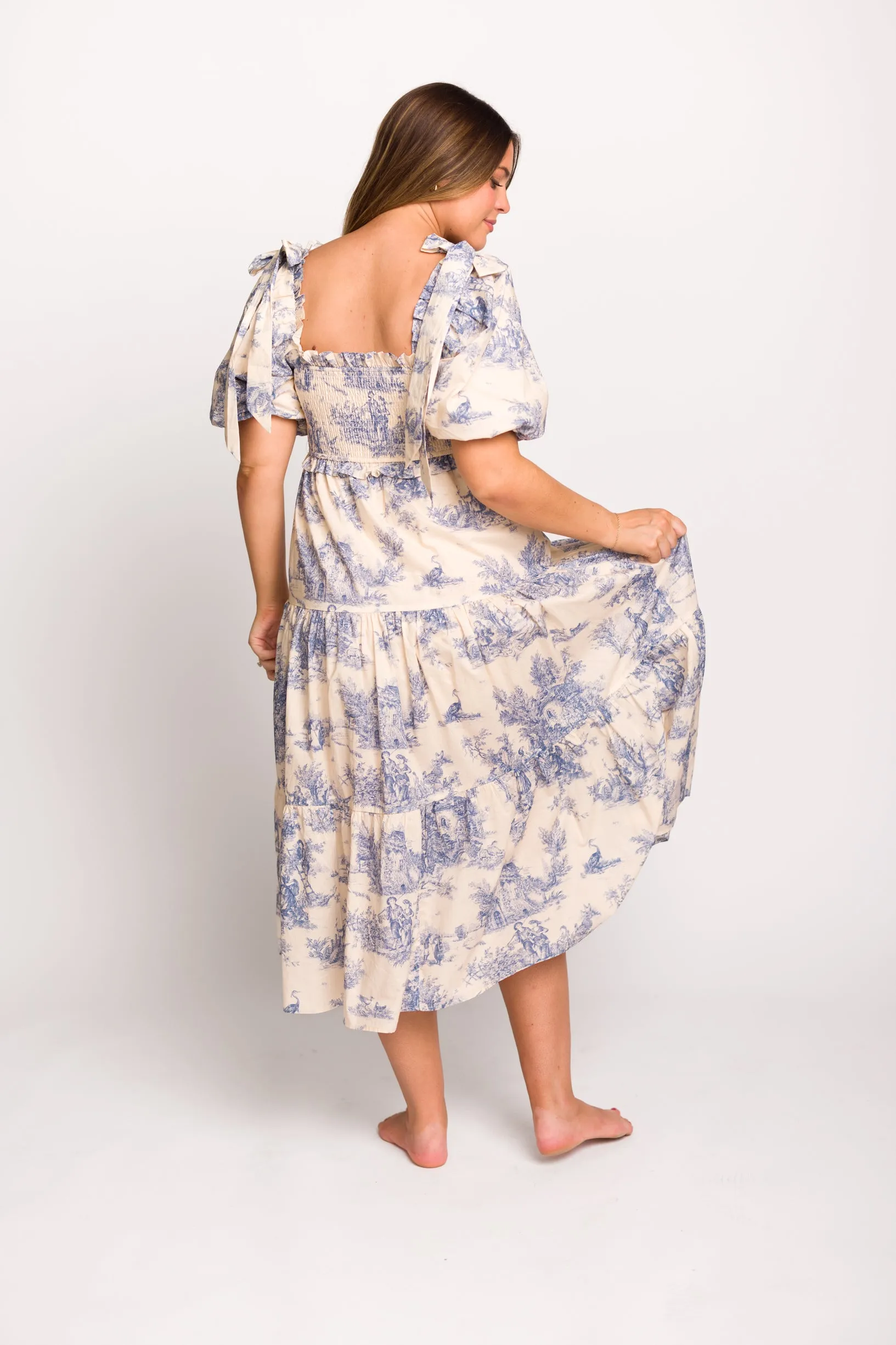 Elena 100% Cotton Toile Print Smocked Midi Dress in Blue - Bump Friendly (Restocking in April)