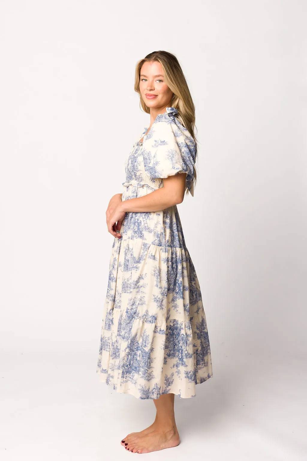 Elena 100% Cotton Toile Print Smocked Midi Dress in Blue - Bump Friendly (Restocking in April)