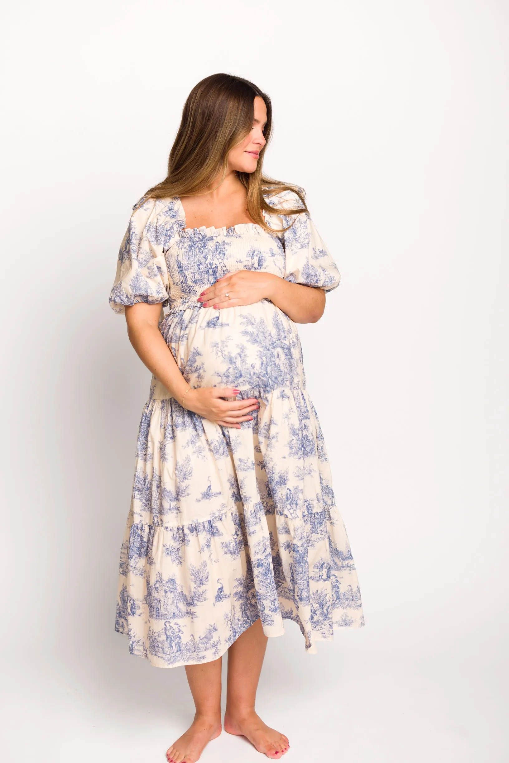 Elena 100% Cotton Toile Print Smocked Midi Dress in Blue - Bump Friendly (Restocking in April)